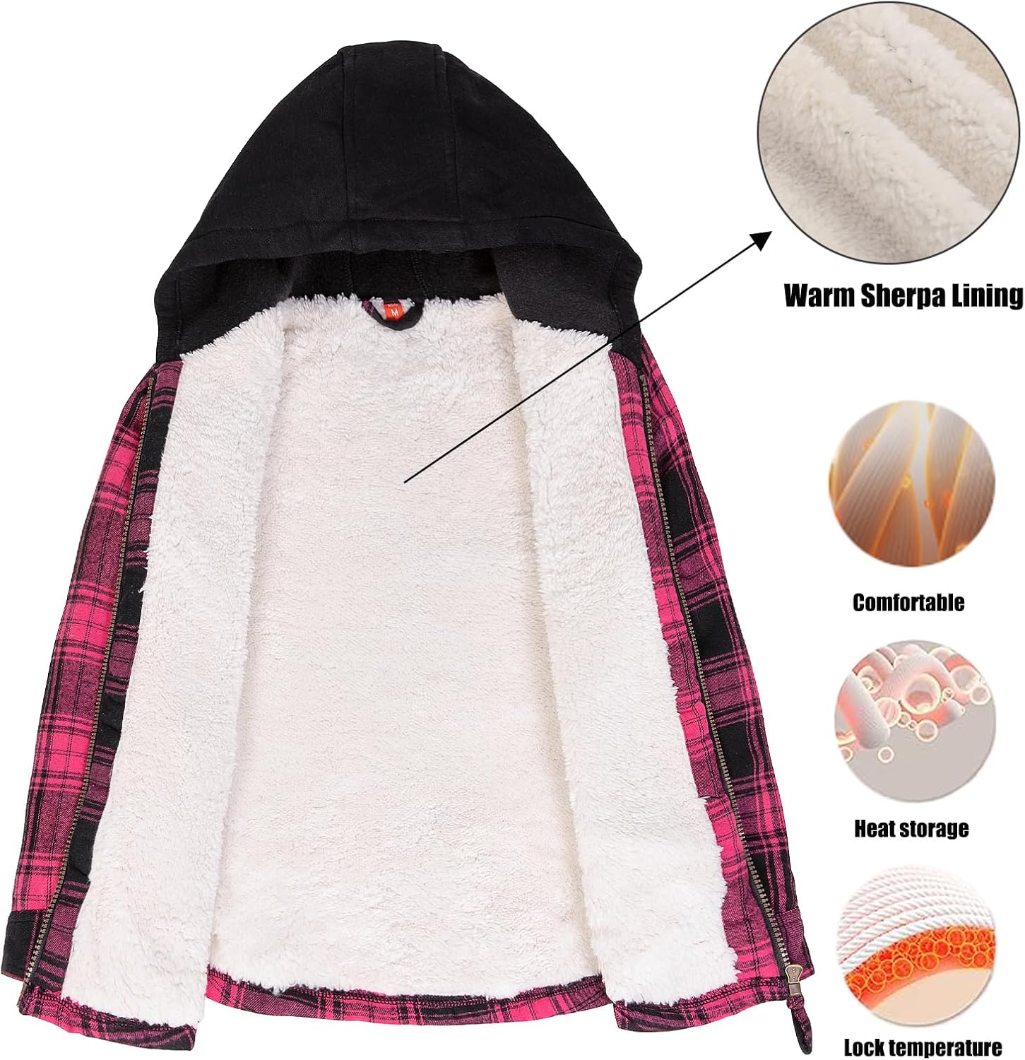 ThCreasa Unisex Toddler Boys Girls Plaid Zip Up Flannel Hooded Jacket Sherpa Lined Shacket with Hand Pockets