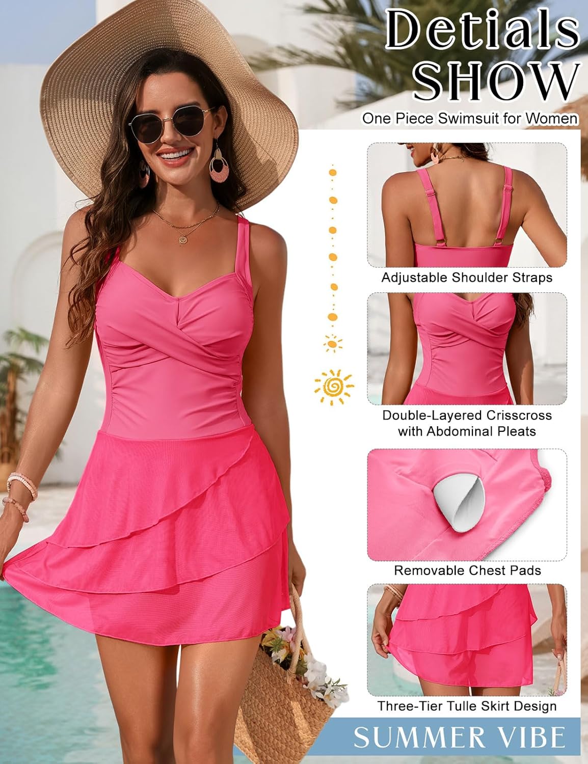 UMIPUBO Women's One Piece Swimsuit with Tulle Skirt Hem Ruched Ruffle Tummy Control Swim Dress