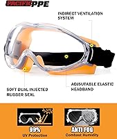 Vista 2 de PACIFIC PPE Gafas de seguridad de visión amplia, gafas con lentes envolventes antivaho y antiarañazos, correa ajustable, ideales para laboratorio
