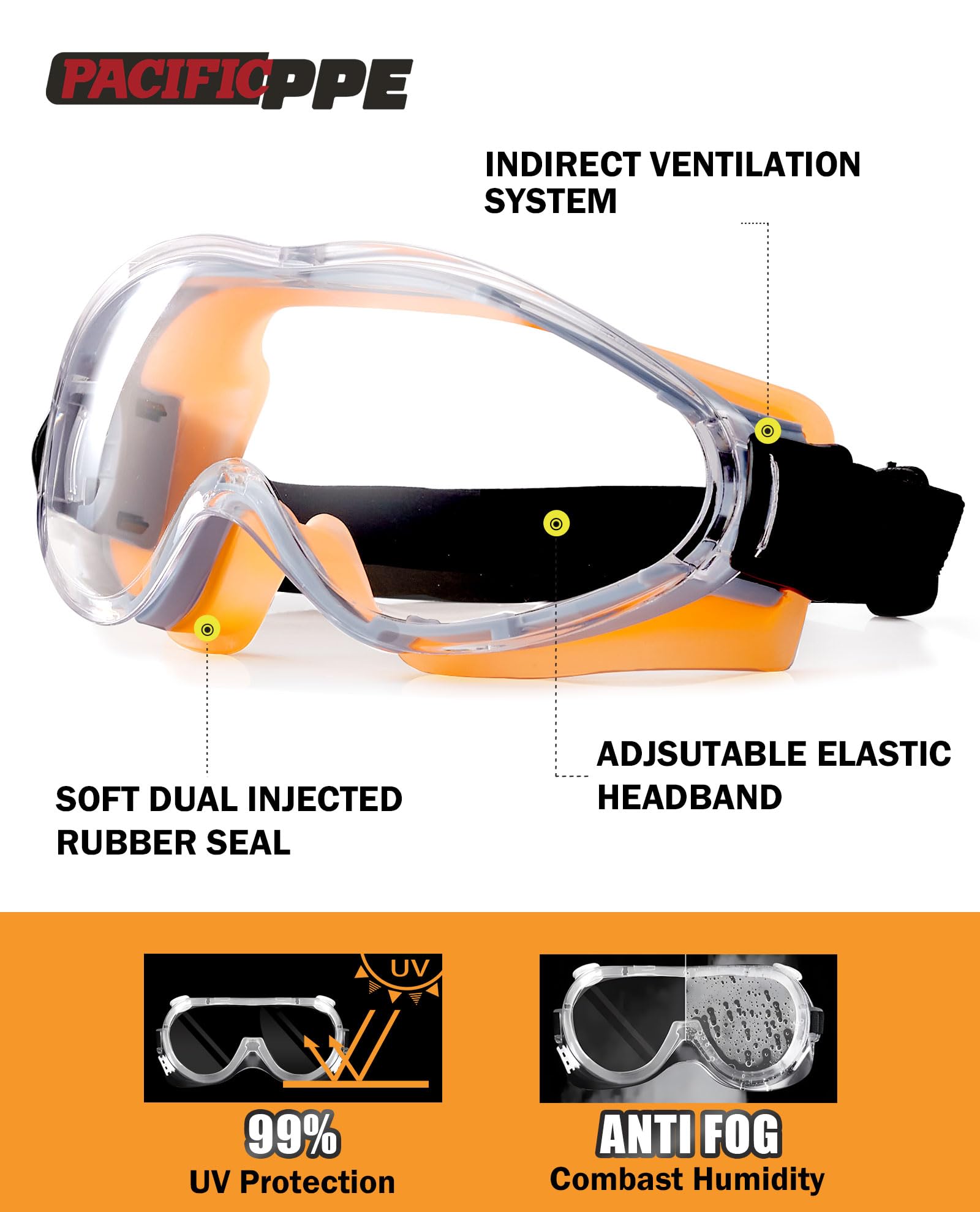 Wide-Vision Safety Goggles, Eyewear with Anti-Fog and Anti-Scratch Wraparound Lenses, Adjustable Strap, Ideal for Chemistry Lab, Woodworking, Industry