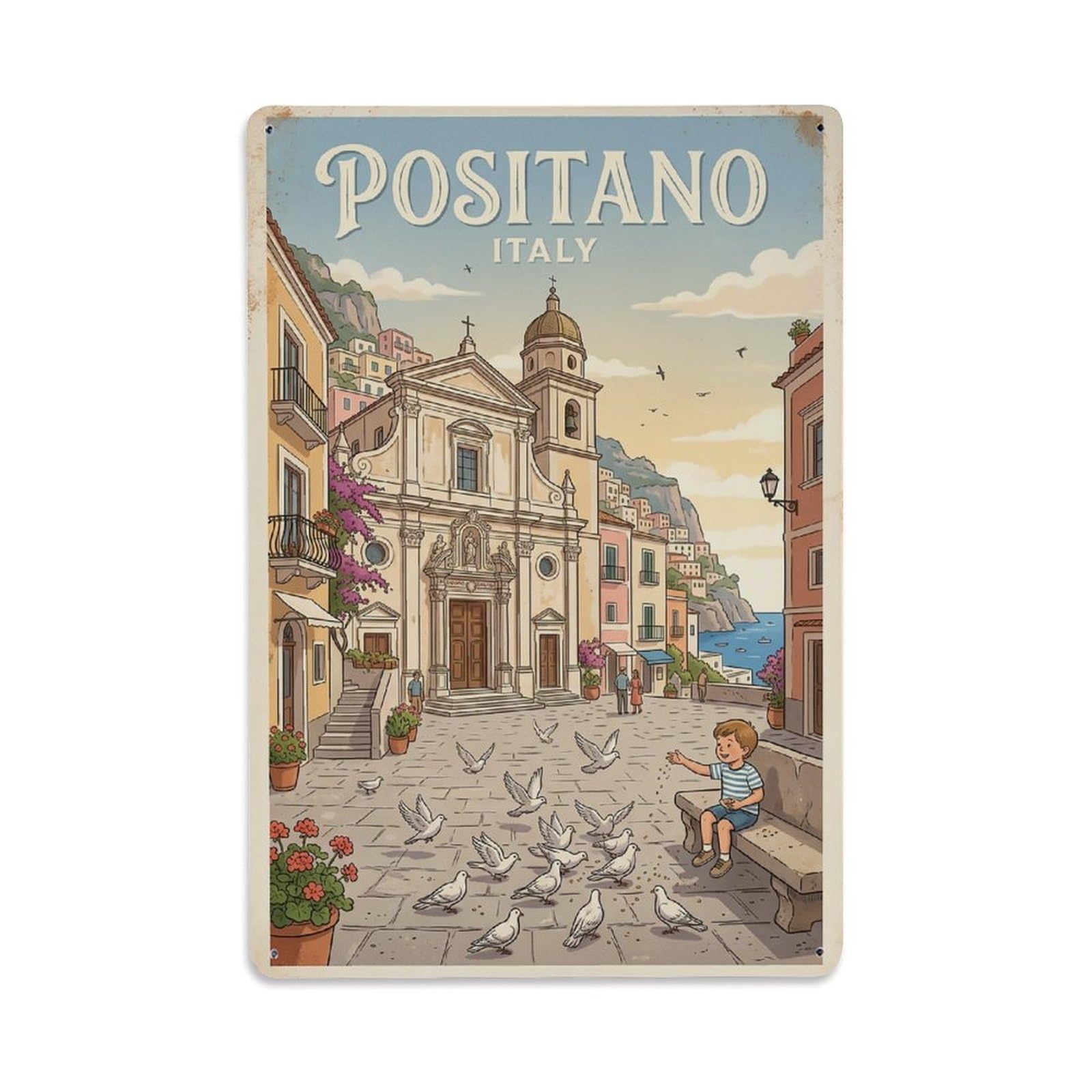 Huiyhb 8X12inch(20X30cm) Vintage Travel Positano Italy Piazza Doves Morning Metal Tin Sign