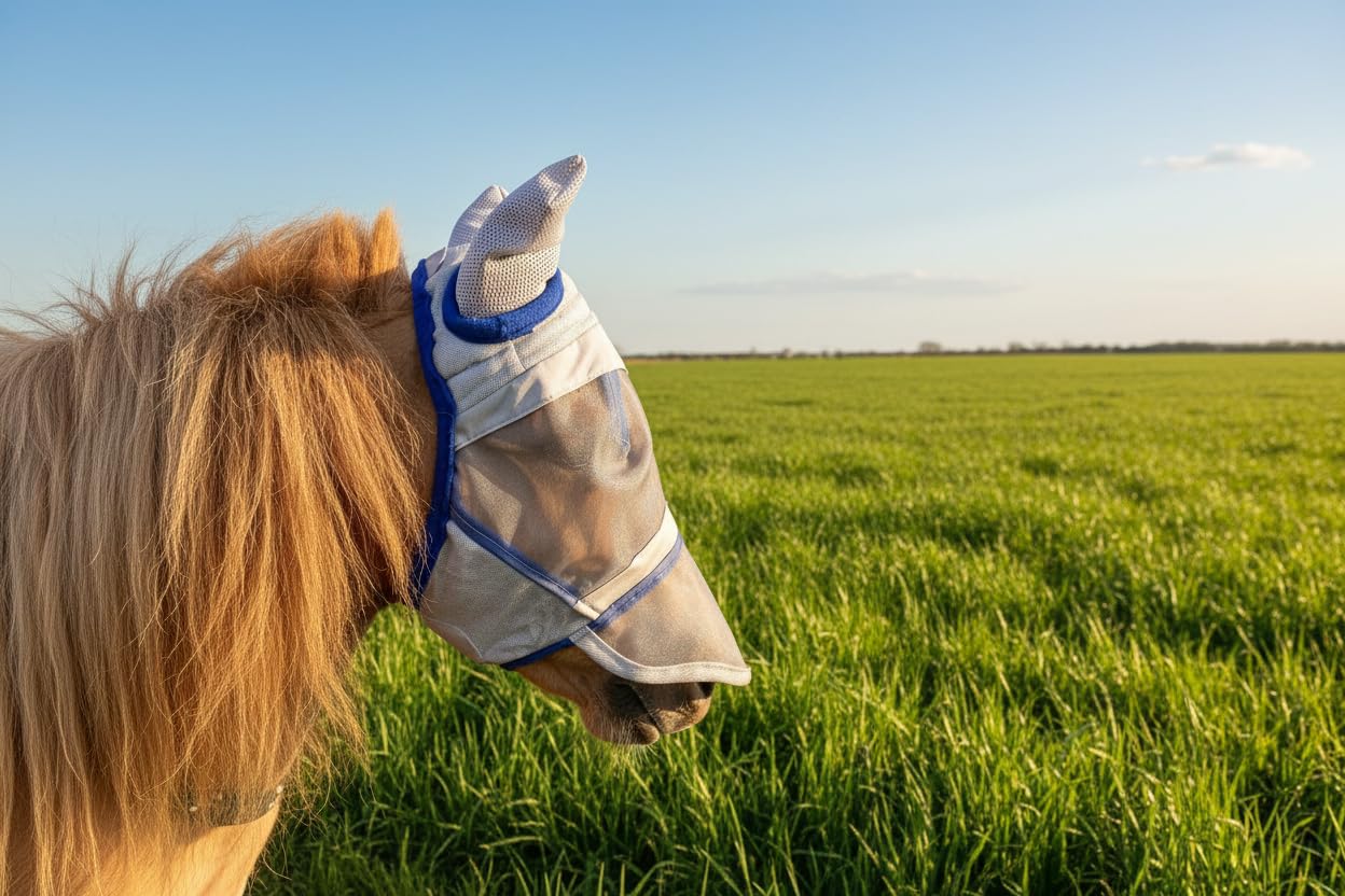 Ruggles Shetland Masque anti-mouches miniature Section A | Protection des yeux pour cheval et poney Mini petite et grande | Doublure polaire (Shetland S avec nez)