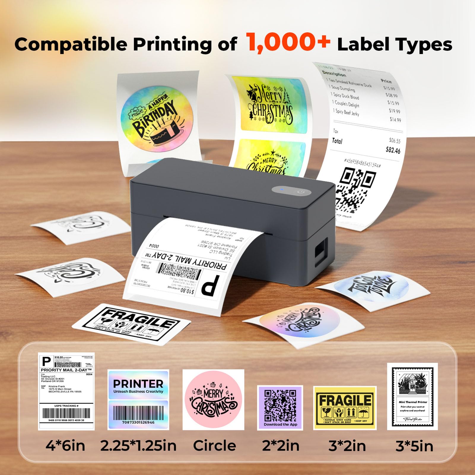 DHL Etikettendrucker Bluetooth, Labeldrucker 4x6 Versandetiketten Drucker | Thermodrucker Label Printer für Shopify, Etsy, UPS, Kompatibel mit iOS, Android, Windows, Mac, Unterstützt USB und Bluetooth