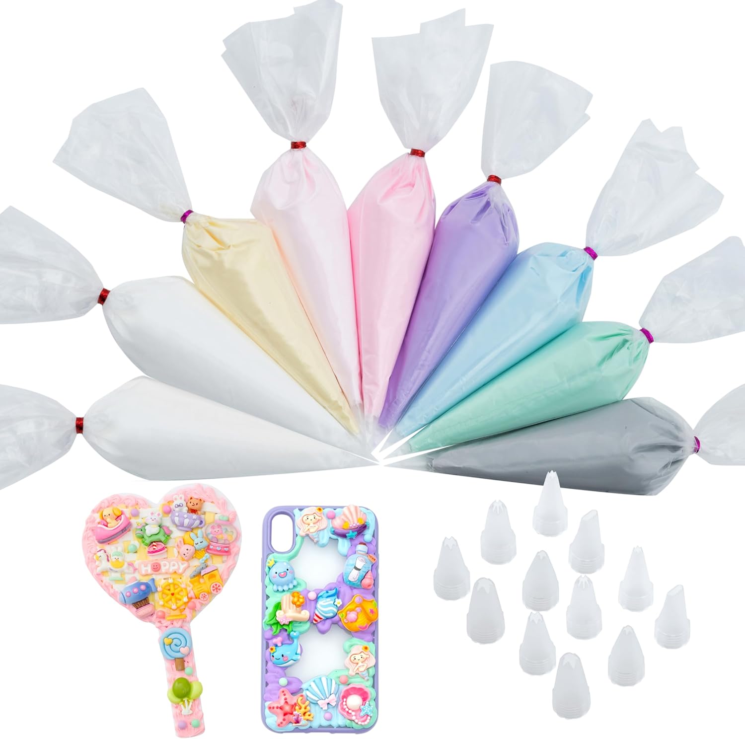 Decoden Cream Large 9PCS Premium Texture Fake Whipped Cream Glue, Decoden Kit, Fake Icing Frosting Whipped Clay with Piping Bags for Crafts and DIY Projects (Rainbow Set)