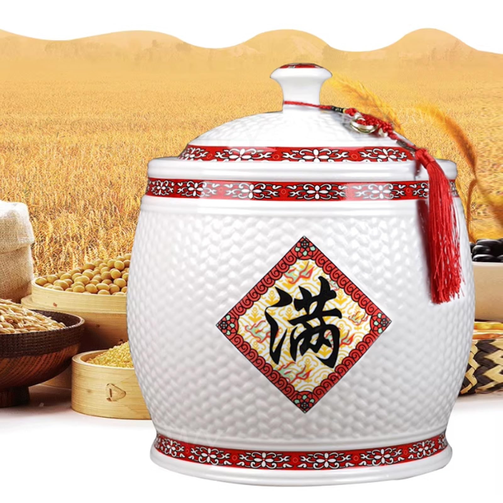 Brcykrwy White4 Ceramic Rice Jar With Lid Ceramic Rice Storage Container Sealed Ceramic Rice Bucket Large Rice Dispenser Rice Container Food Airtight Storage Jars For Flour,Rice,Nuts,Snacks