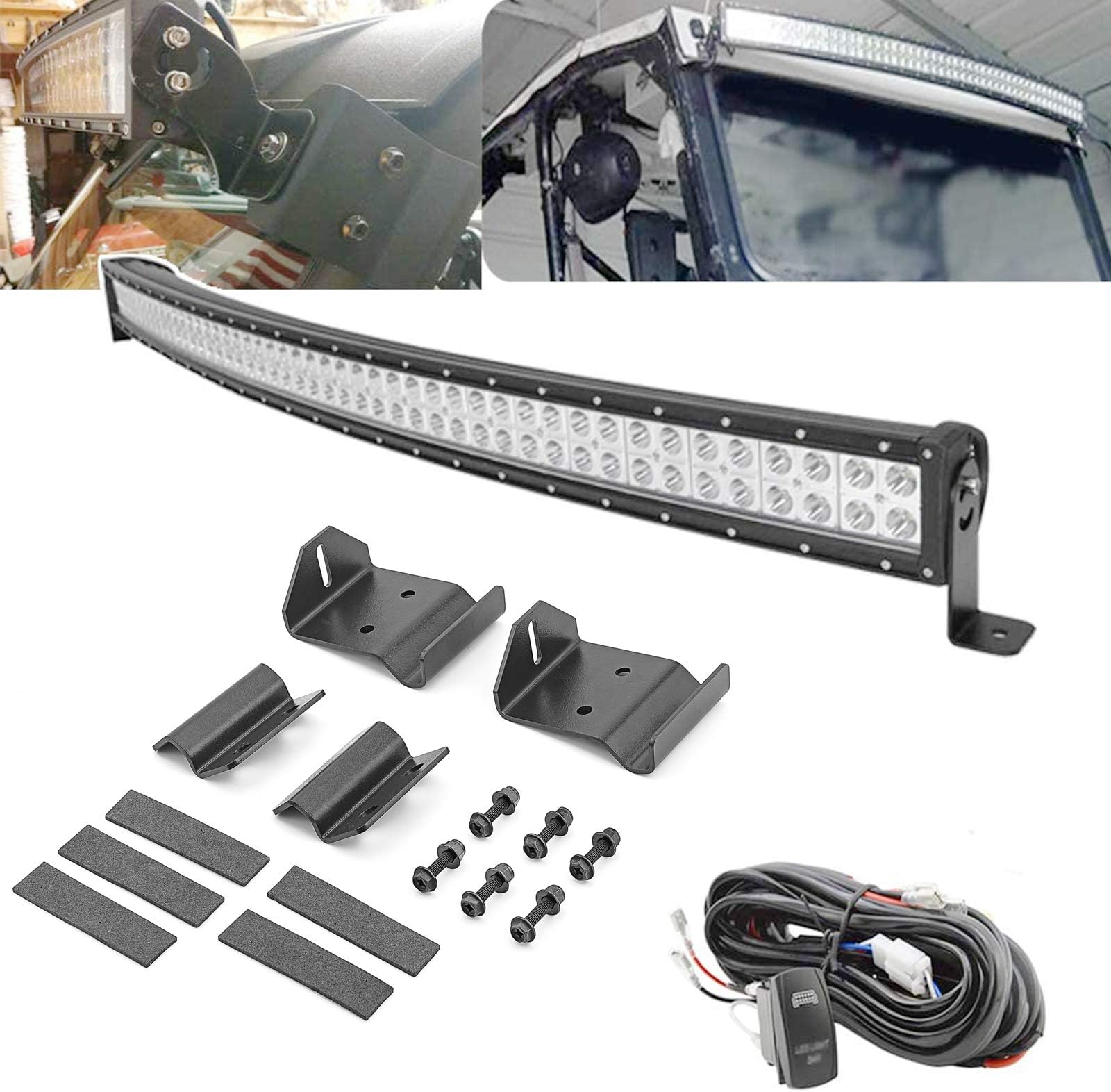 50'' 288W LED Curved Light Bar Spot/Flood Combo Beam w/Wiring Kit & Upper Roof Windshield Pro-fit Cage Mounting Brackets Compatible with Polaris Ranger 570 900 1000 2013-2024