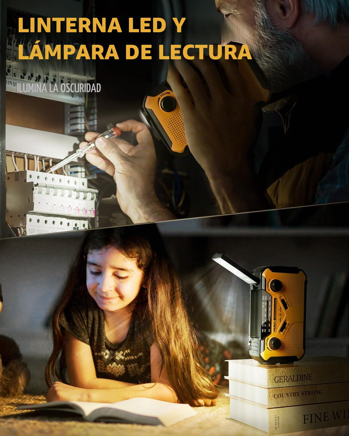 PRUNUS J-369 - Radio meteorológica de emergencia de 11100 mWh, baterías AA, manivela, solar, carga USB, NOAA/AM/FM, linterna LED y lámpara de lectura, alarma SOS y linterna portátil