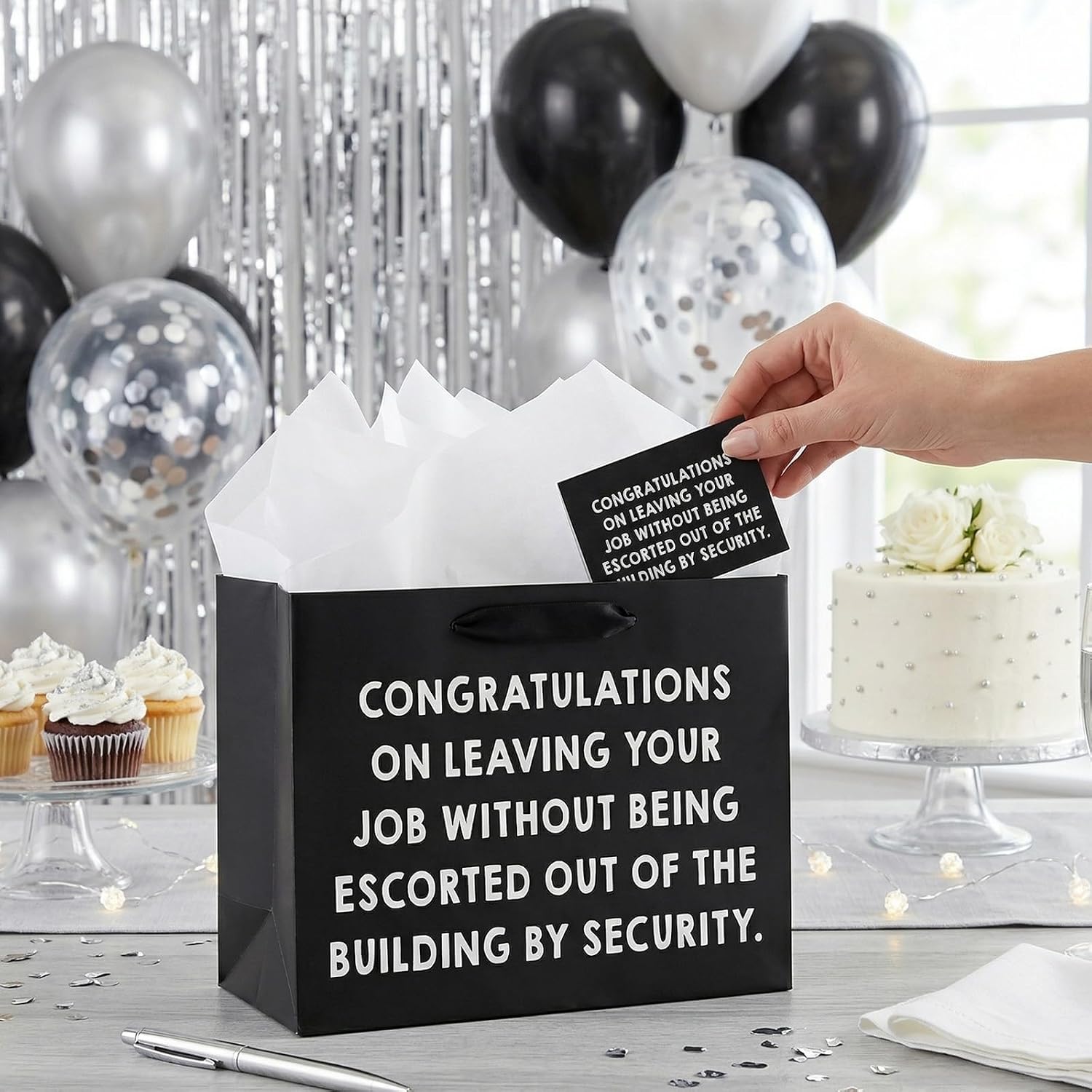 Funny Coworker Farewell Gift Bag Black White Retirement Wrapping Bag with Tissue Paper & Card Congratulations Leaving Wrap Bags Happy Retired Decor for Men Women Going Away Goodbye Party Supplies