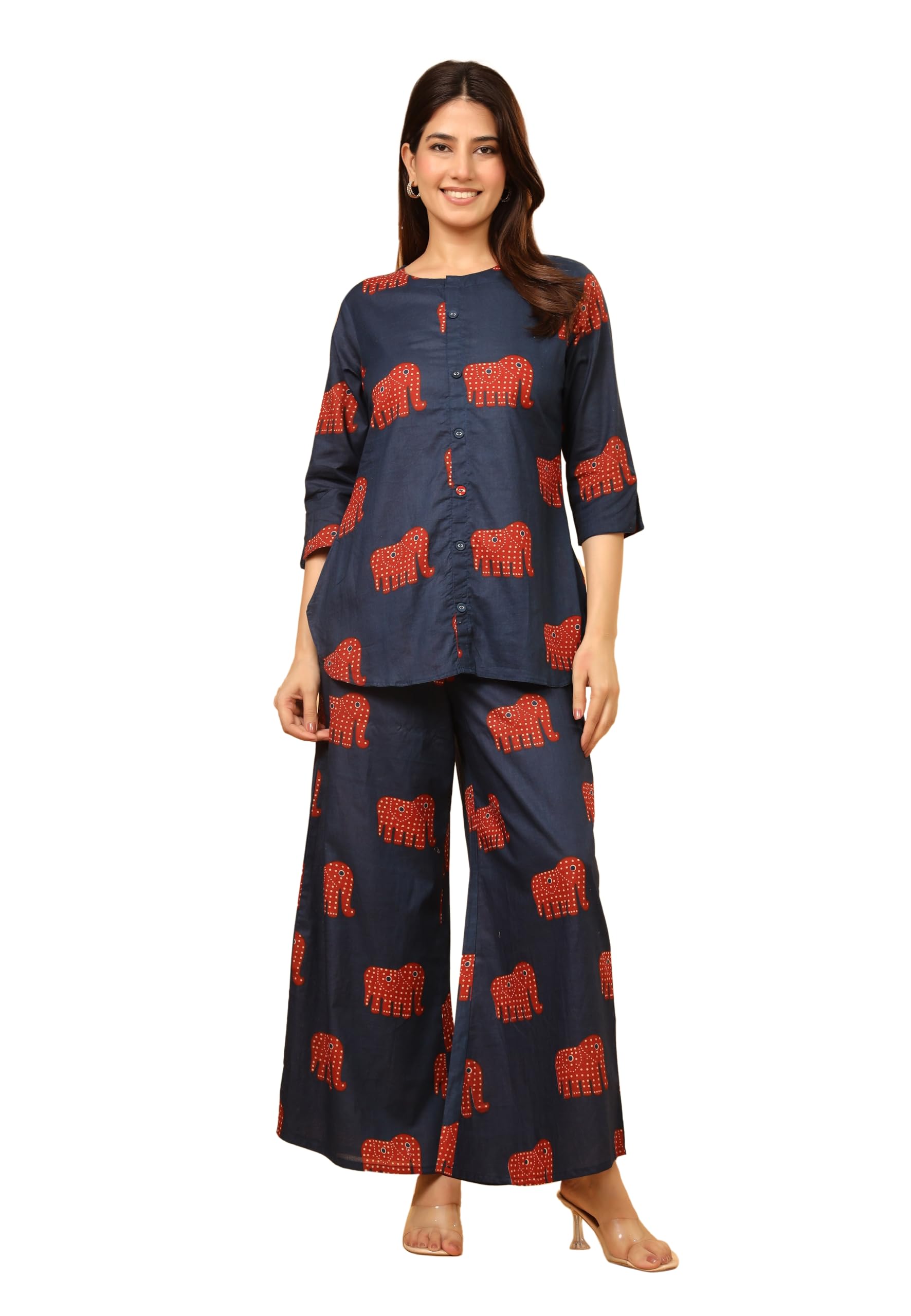 Women Cotton Printed Co-Ord Set | Elephant Motif Top & Palazzo Pant Set | Casual Ethnic |Loungewear Outfit-picture-13