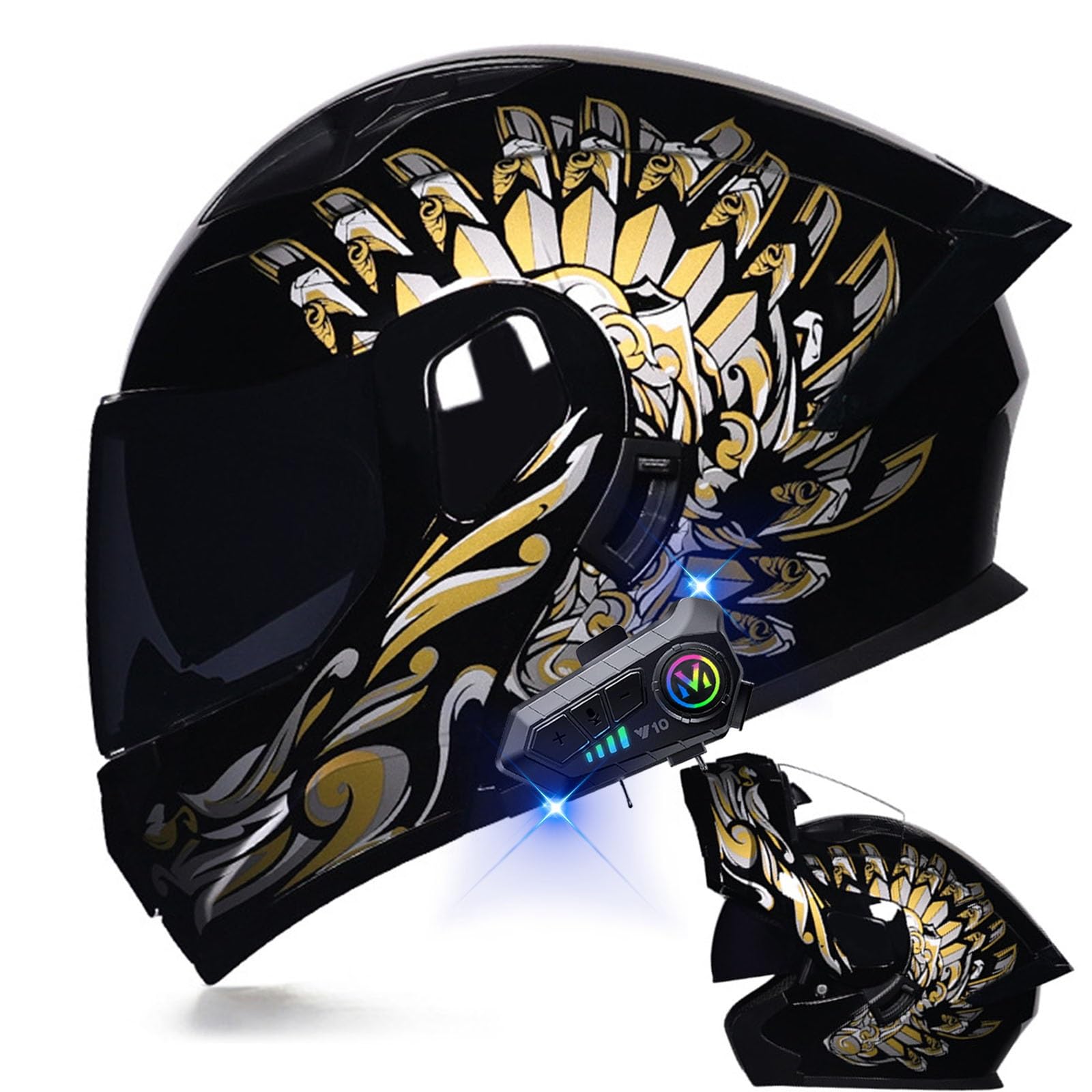 Motorcycle Bluetooth Modular Helmet DOT Approved Dual Visor Full Face Flip up Integrated Motorcycle Helmets Double Visor Helmet Built-in Dual Speaker Microphone Waterproof Adults Men Women M-XXL