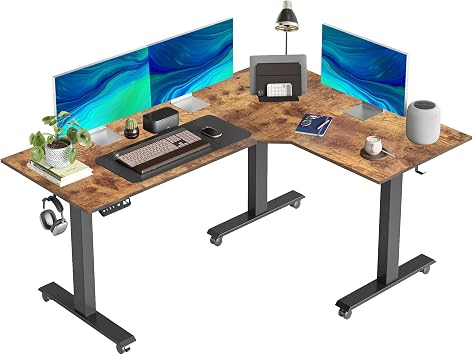 CubiCubi Triple Motor L-Shaped Electric Standing Desk, 63 Inches Height Adjustable Stand up Corner Desk, Sit Stand Workstation with Splice Board, Black Frame/Rustic Brown Top