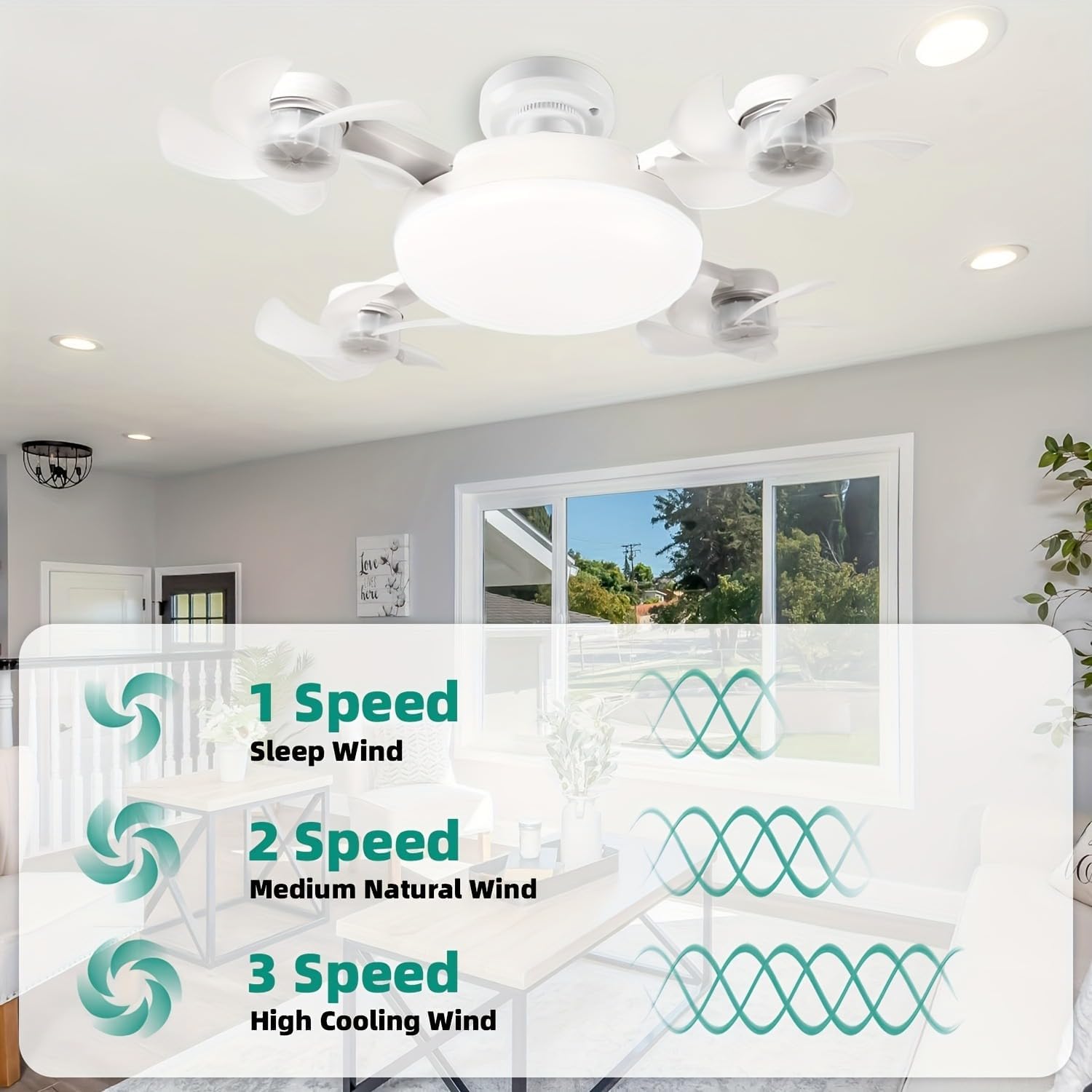 Socket Fan Light with Remote Control, 60W Ceiling Fan Light Bulb 3 Color Dimmable & 3 Wind Speeds E27 Screw-in Lightbulb Fan Easy Install for Bedroom, Kitchen, Garage (4 Head)