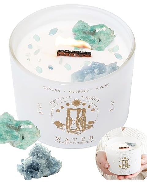 Pisces, Cancer, Scorpio Gifts for Women - 12oz Wood Wick Candles That Crackle with Crystals and Healing Stones. Healing Crystal Candles for Women Home Scented. Soy Wax, for Zodiac Birthdate