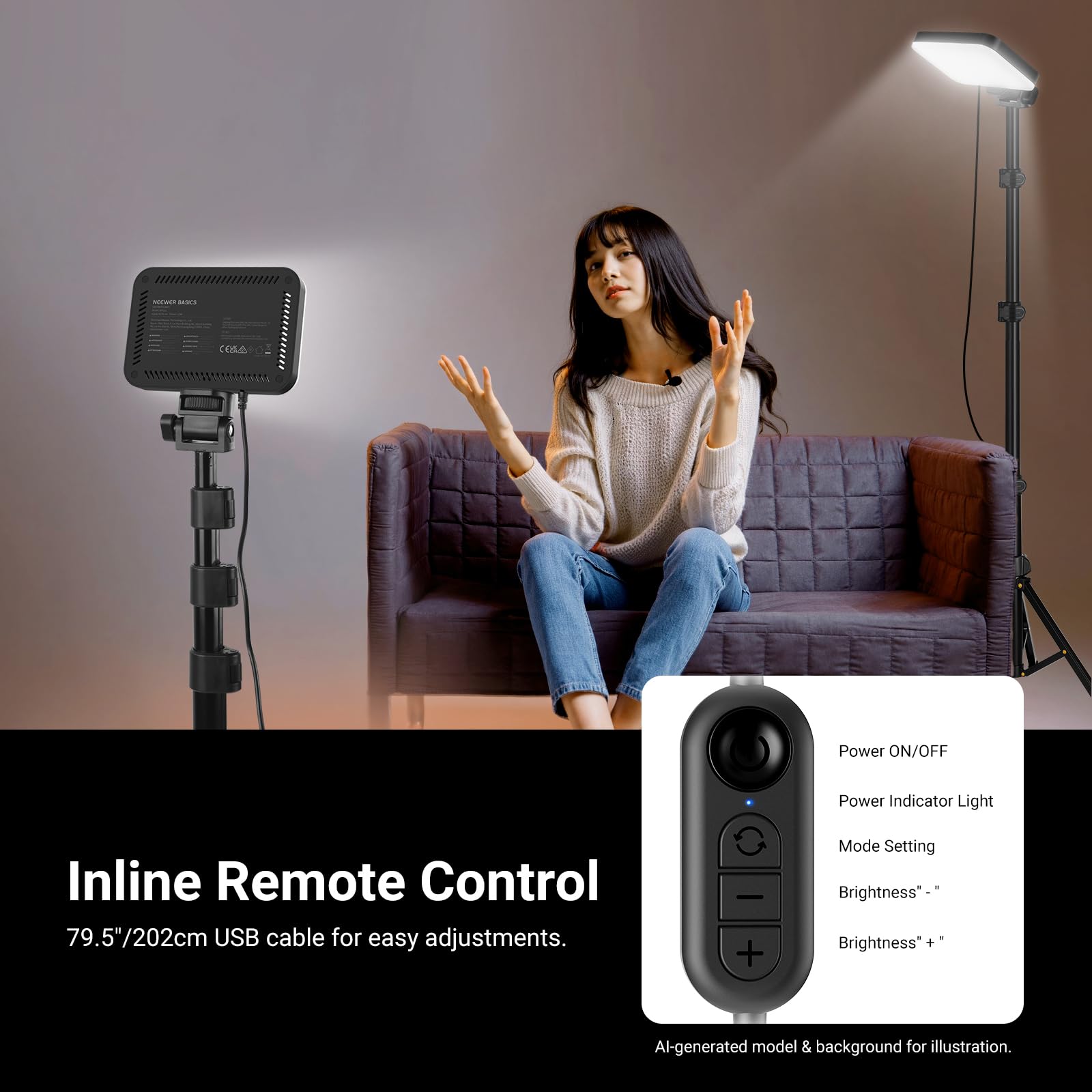 NEEWER BASICS BP132 zestaw oświetlenia LED do oświetlenia wideo, 15.7 cm, ściemniana, przenośna lampa studyjna ze statywem 134.6 cm, 3200K-5600K/CRI95+ 810lux do nagrywania wideo, strumieniowego