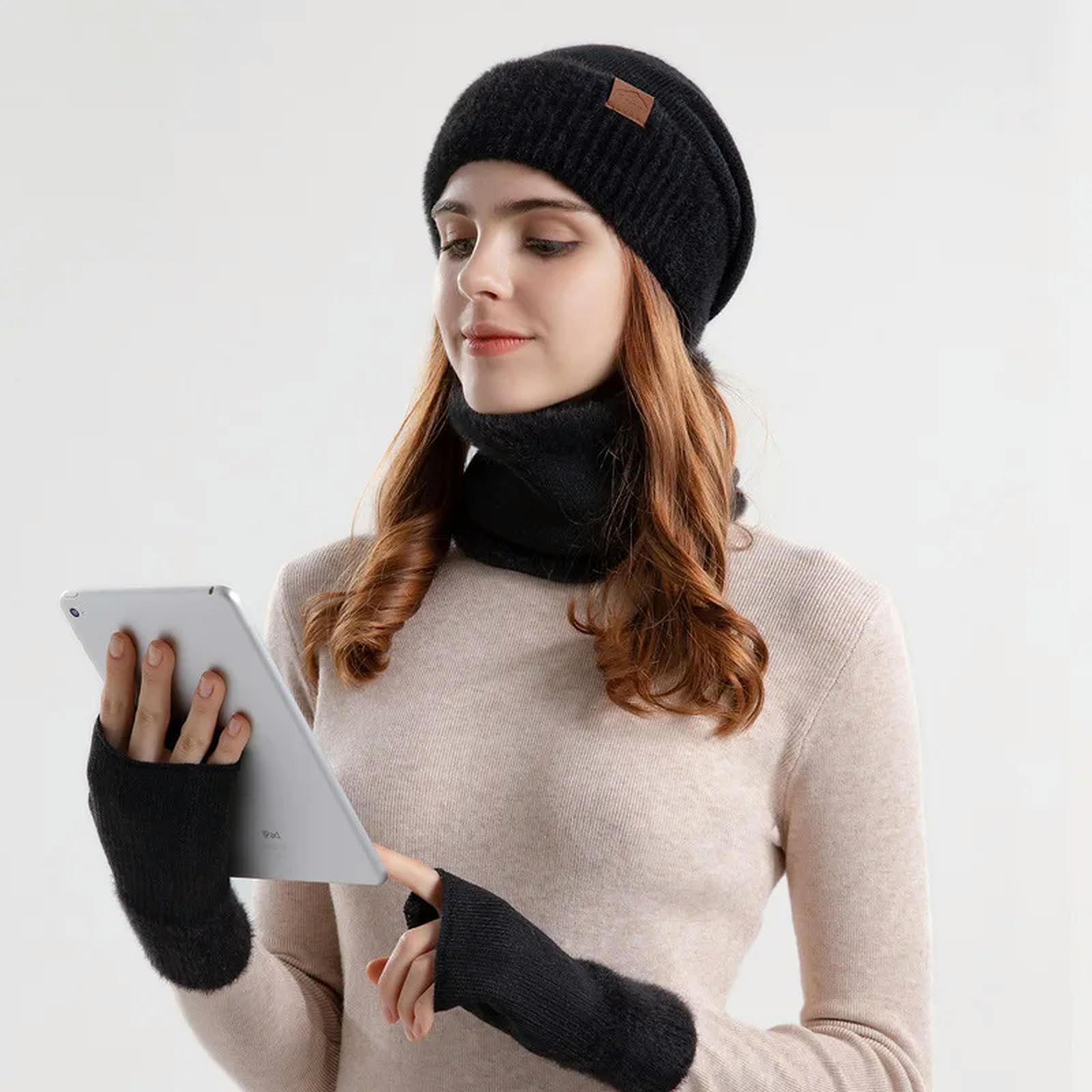 Schal Mütze Handschuh Set Winter Gestrickte Mütze Hut Halswärmer Handschuhe Mode Außenhut Für Frauen