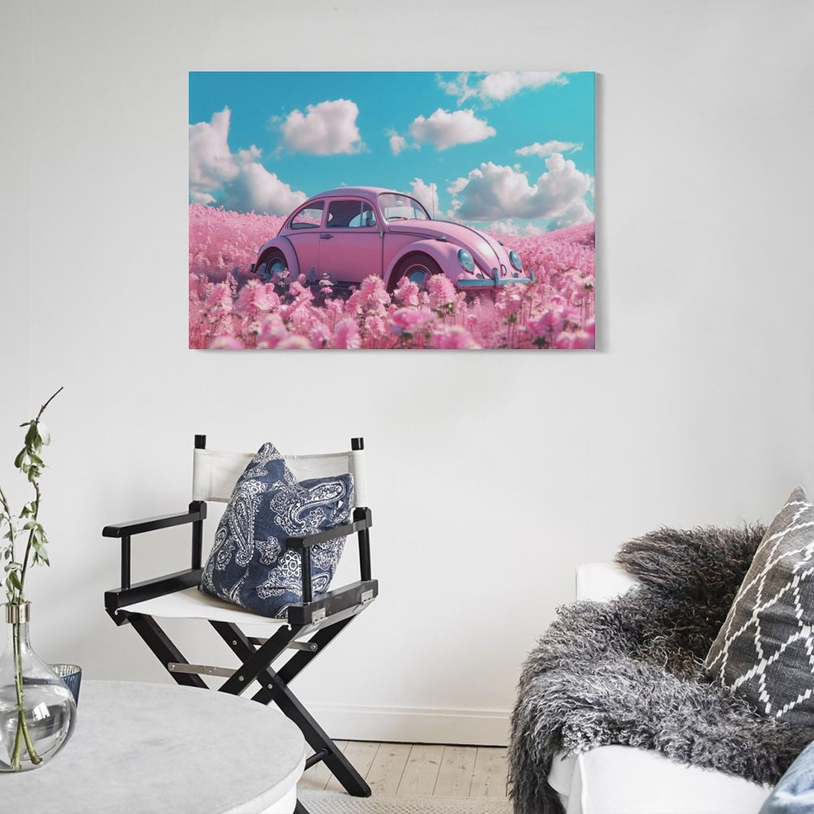 Amazon.co.jp: 絵画 ピンクの花の中の車 アートパネル ポスター 魅力的