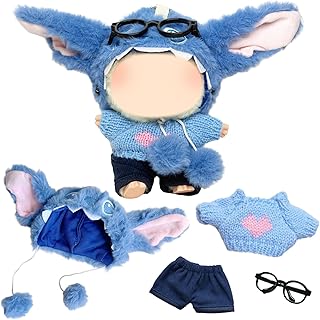 Ropa de muñeca de felpa de 17 cm, bonito traje de muñeca de peluche de dibujos animados, cubierta de cabeza azul con orejas rosas + suéter azul con estampado de corazón rosa + pantalones cortos +