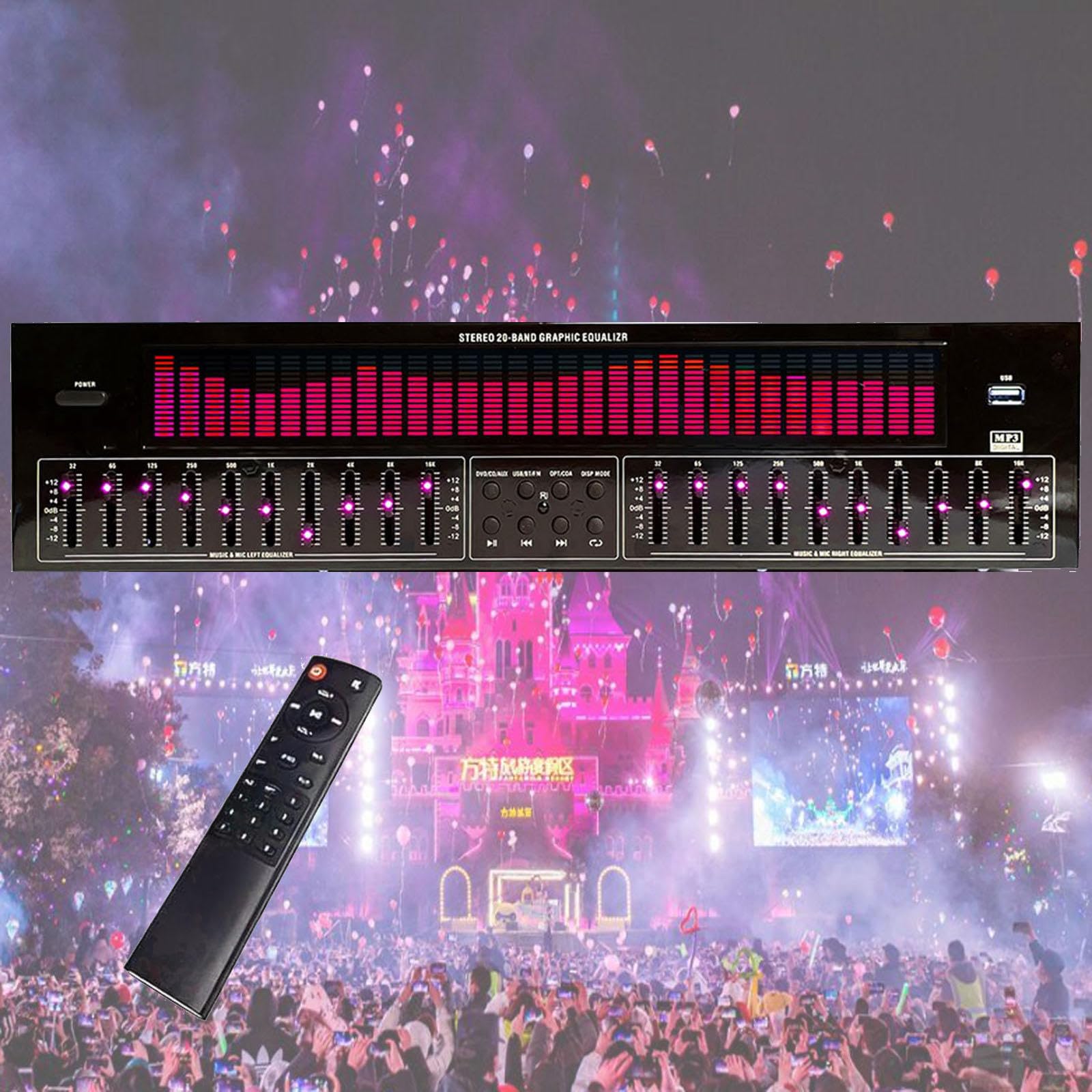 Égaliseur numérique audio 31 bandes, égaliseur graphique stéréo avec télécommande, 12 modes de rythme, réduction automatique du bruit, analyseur de spectre musical LED