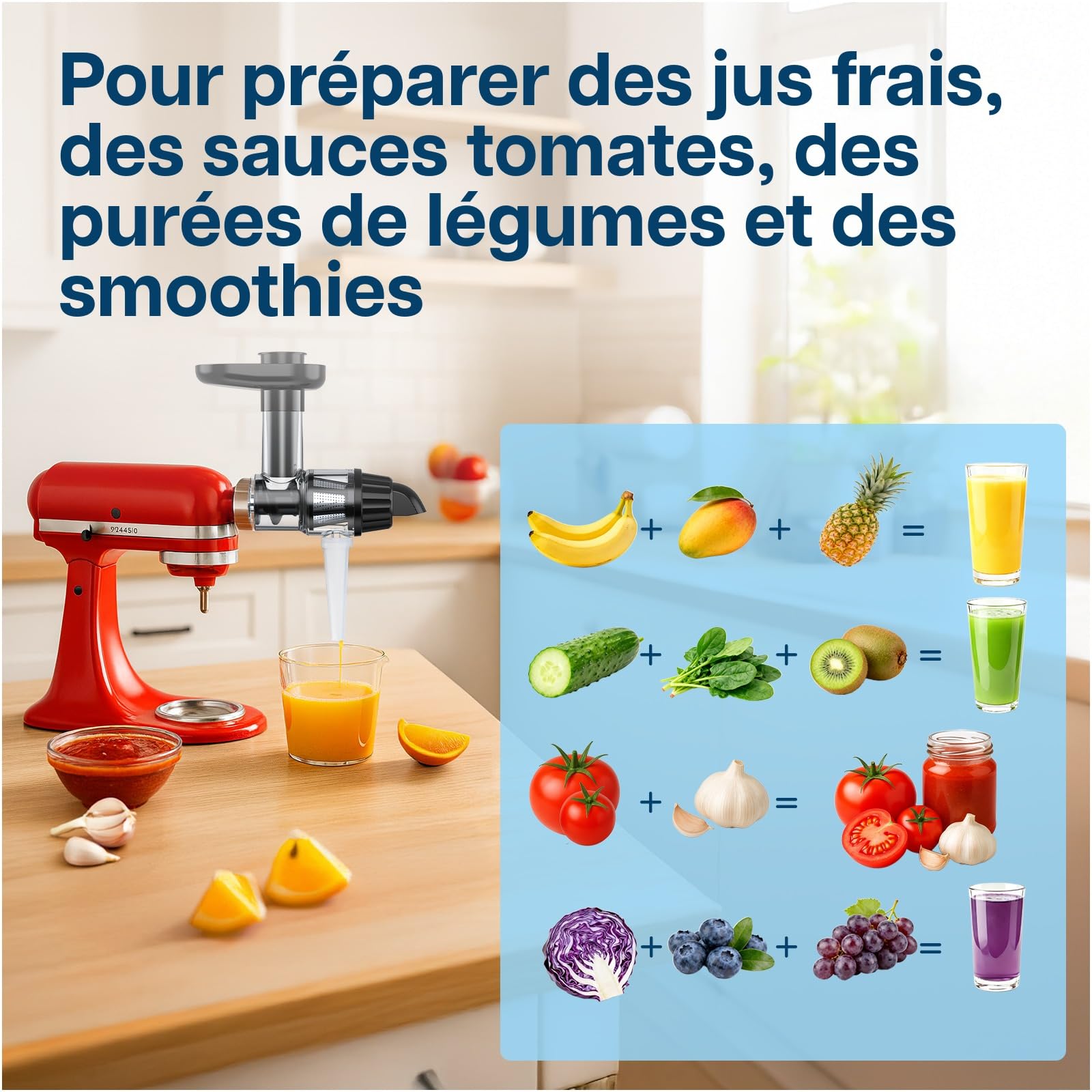 Extracteur de Jus pour KitchenAid von MMOBIEL – Accessoire de Slow Juicer à Froid, Extracteur de Jus de Fruits et Légumes – Avec Poussoir Alimentaire & Brosse de Nettoyage