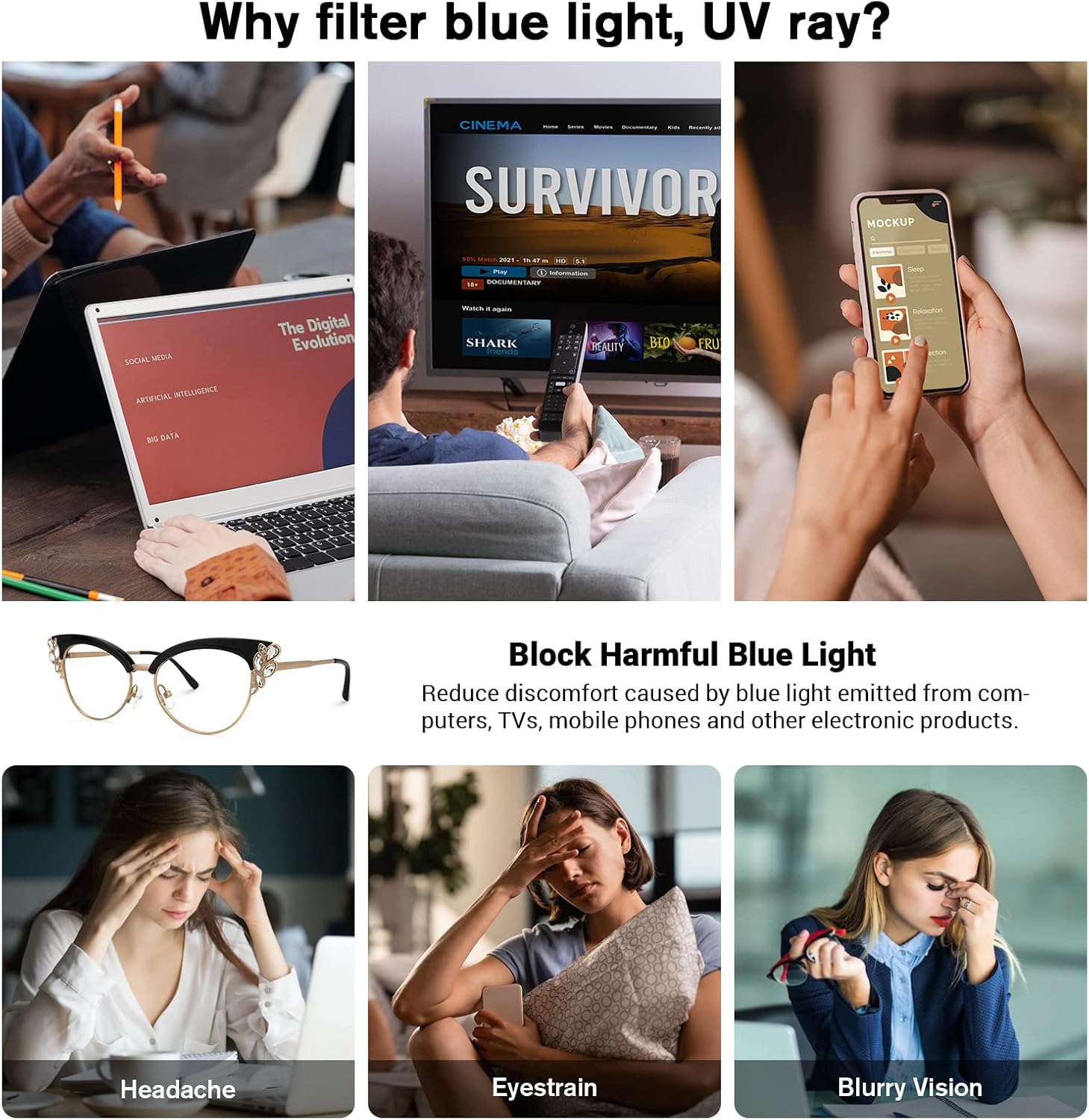 VOOGLAM Cat Eye Blue Light Blocking Glasses for Women with Crystal, Black Stylish Eyeglasse Anti UV Blue Light Eyestrain