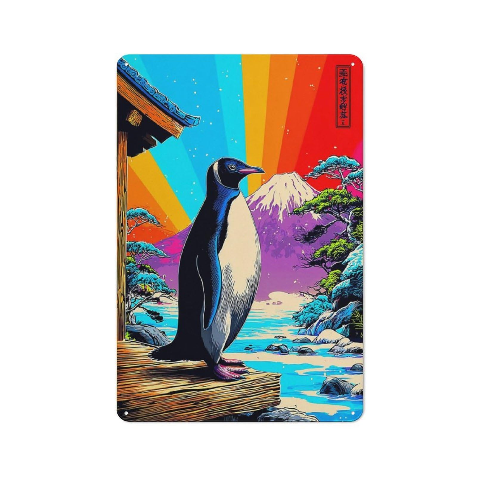Junmoney Penguin In Japanese Landscape Tin Wall Plaque 30X20cm With For Hallway Wall, With Clear Retro Wall Decor Character