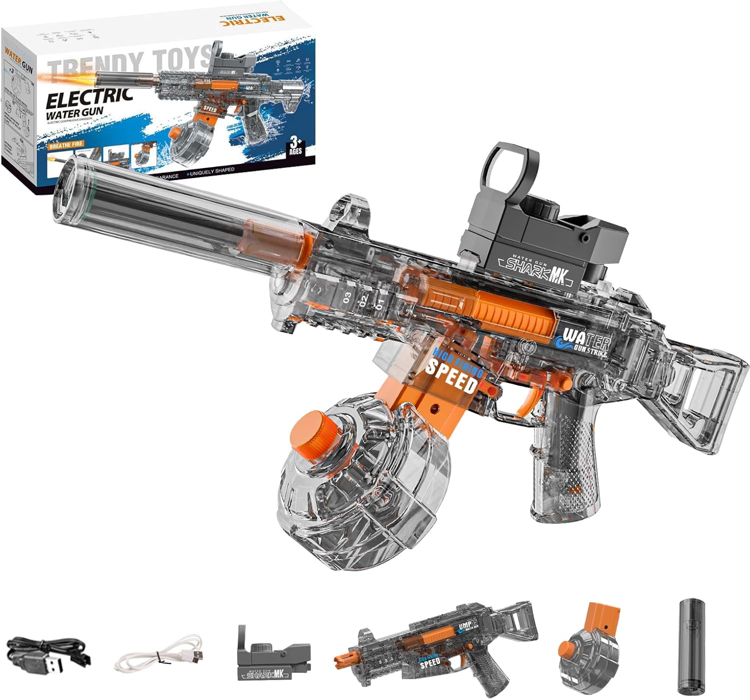 Electric Water Gun for Adults Kids, Transparent Automatic Squirt Watergun Pistol with Water Spray Sound and Led Lights, Summer Outdoor Pool Beach Party Toys for Boys Girls, UMP45 Black