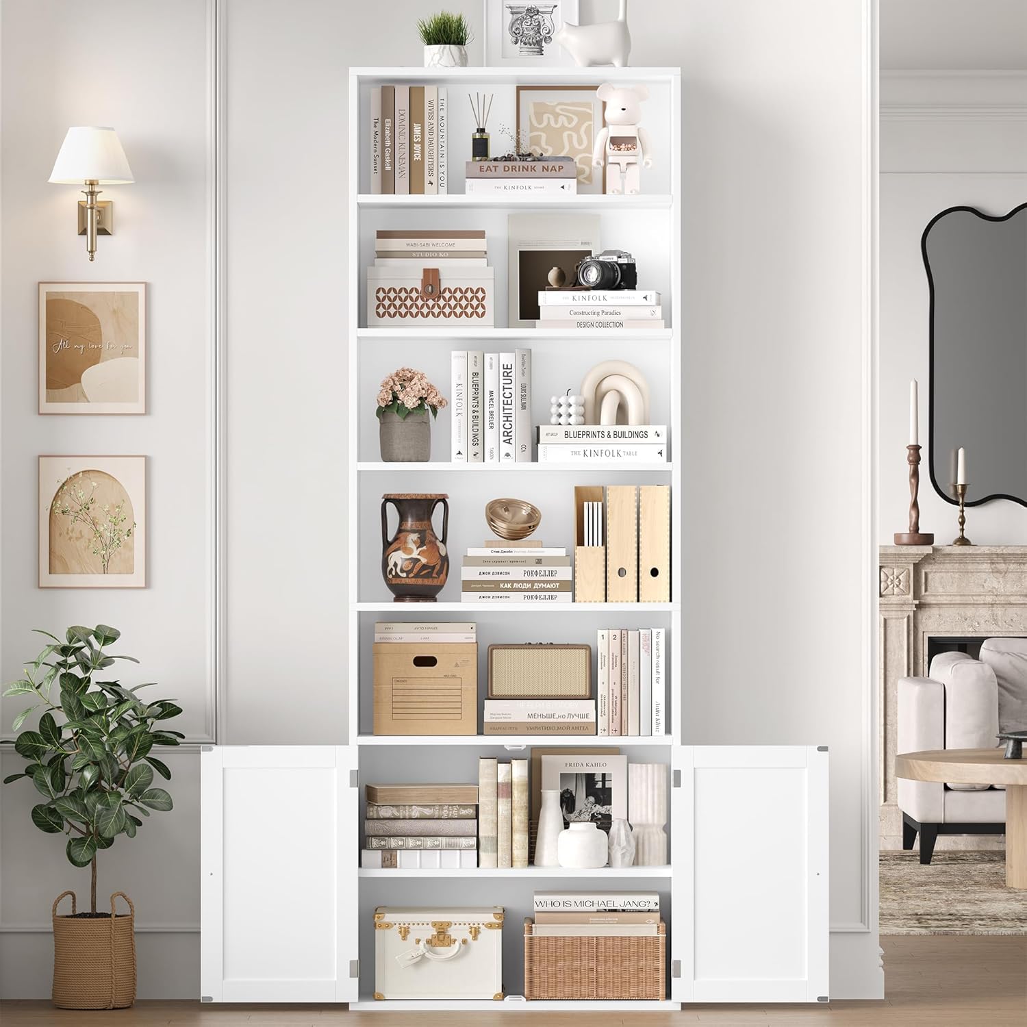 FirFurd 209cm Libreria Estanteria, 5 Compartimientos, Estantería, 2 Puertas | Librería Salón, Estantes Ajustables, Estantería Libros, para Salón, Estudio, Oficina, 60x23.5x209cm