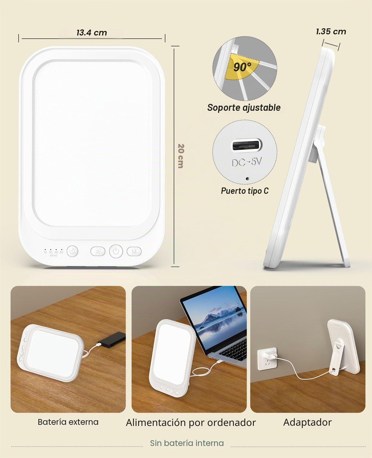 Lámpara de Luz Diurna 10000 Lux Con 4 Temporizadores y 5 Niveles de Brillo, Terapia de Luz Solar Con Soporte Plegable