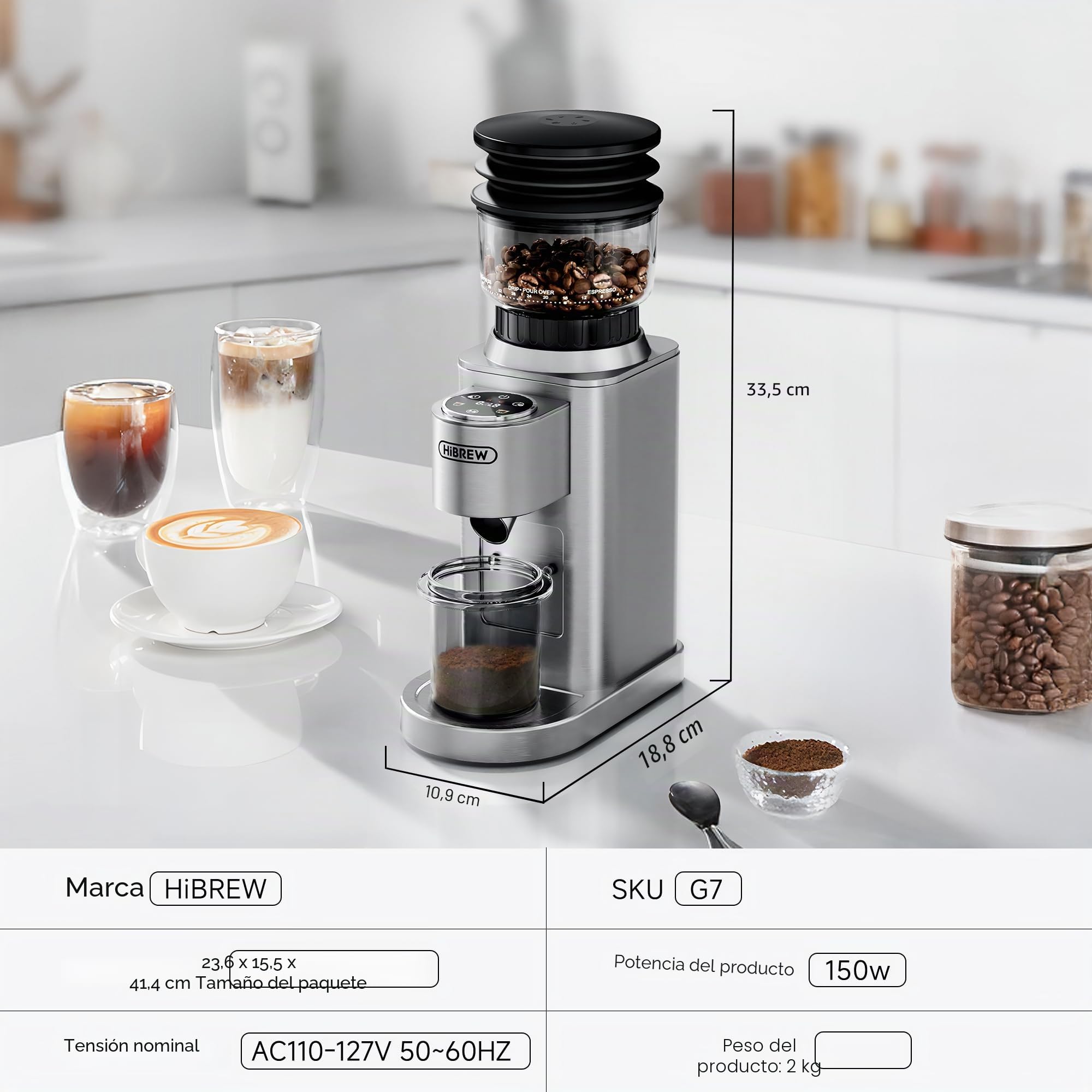 HiBREW G7 - Molinillo de café eléctrico – 48 ajustes de molienda precisos para espresso/vertido/prensa francesa, tolva de granos de gran capacidad, control de porciones y molino cónico antiestático | Para espresso/vertido/prensa francesa, tolva de frijole