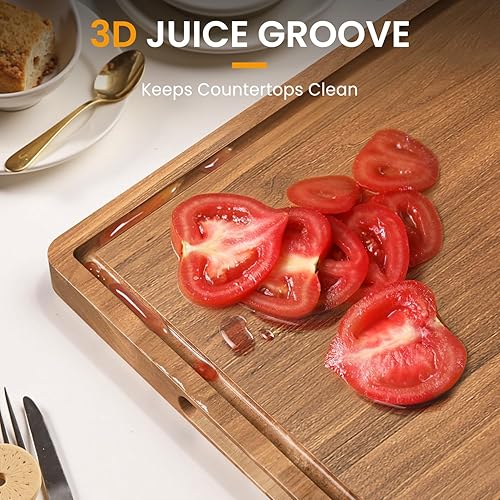 Miniatura 3 de Tablas de cortar de madera de acacia para cocina, bloque de carnicero de 17 x 12 pulgadas con ranuras profundas para jugo y mango antideslizante,