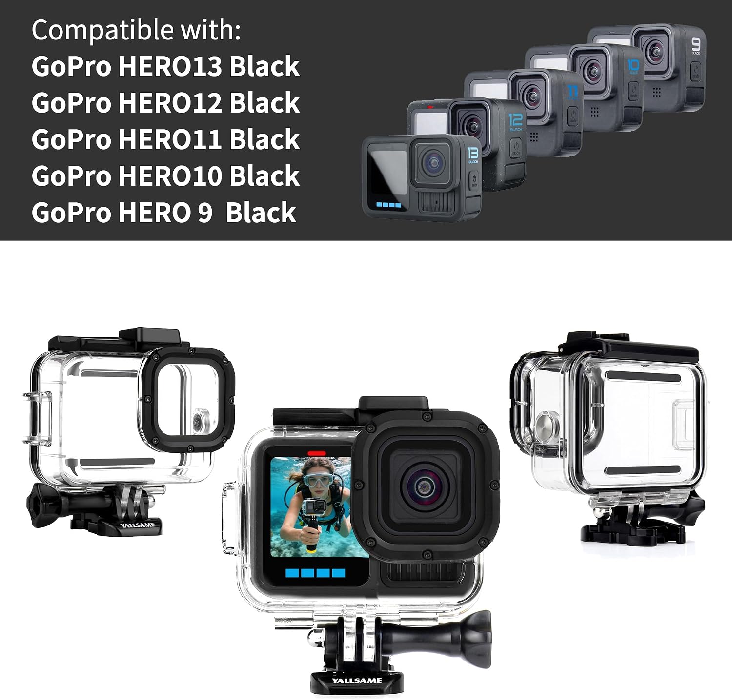 Waterproof Case with Floating Grip for GoPro Hero 13 12 11 10 9 | 196FT Underwater Housing Shell with HD Glass Lens & Dual Cold Shoes for Scuba Diving/Snorkeling/Swimming Photography