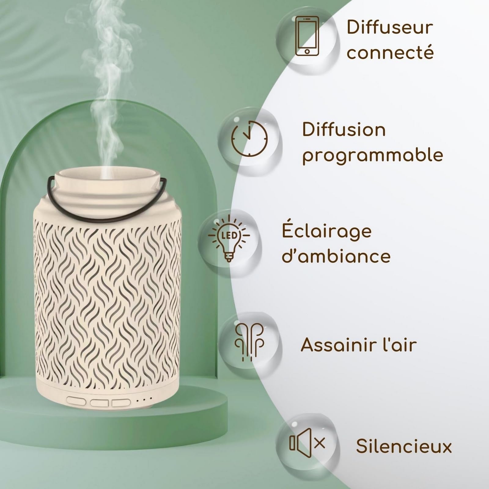Zen'Arôme Diffusor für ätherisches Öl, WLAN Venedig – elektrischer Diffusor, kompatibel mit Alexa/Google Home – vollständige Kontrolle über die App Tuya Smart – natürliche Materialien Holz und Keramik