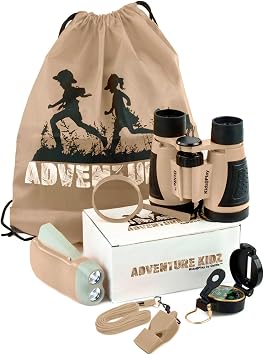 Tan Adventure Kidz Outdoor Exploration Kit | Childrens Binoculars, Flashlight, Compass, Fox Whistle, Magnifying Glass