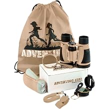 Tan Adventure Kidz Outdoor Exploration Kit, Childrens Binoculars, Flashlight, Compass, Fox Whistle, Magnifying Glass, Backpack. Great Gift Set for STEM, Pretend Play