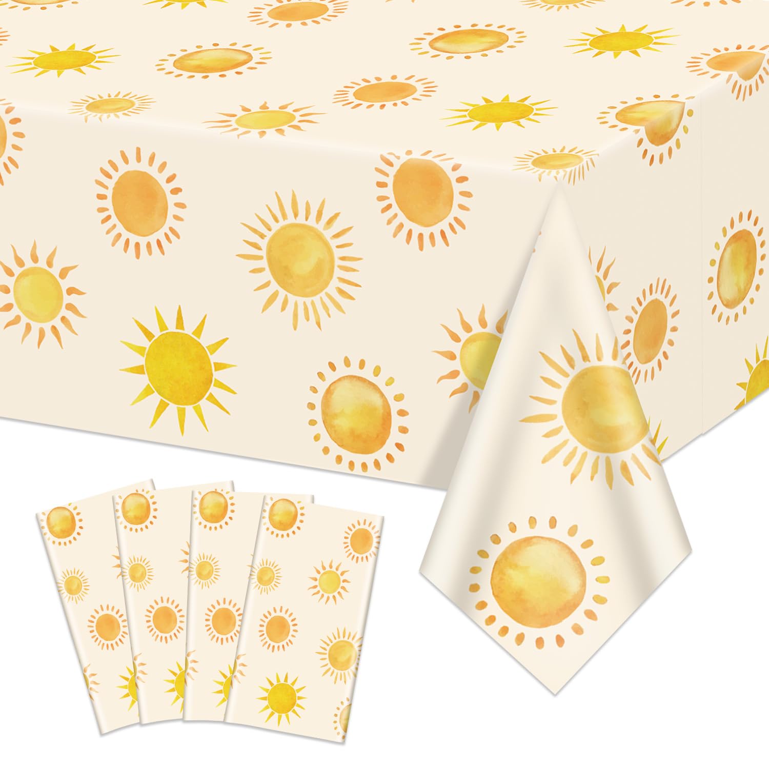 AJINXIN 4 PCS Retro Sun Birthday Party Tablecloths, Waterproof Boho Sun Style Tablecloths for Kid's Birthday Party Decorations Baby Shower, 130 x 220 cm