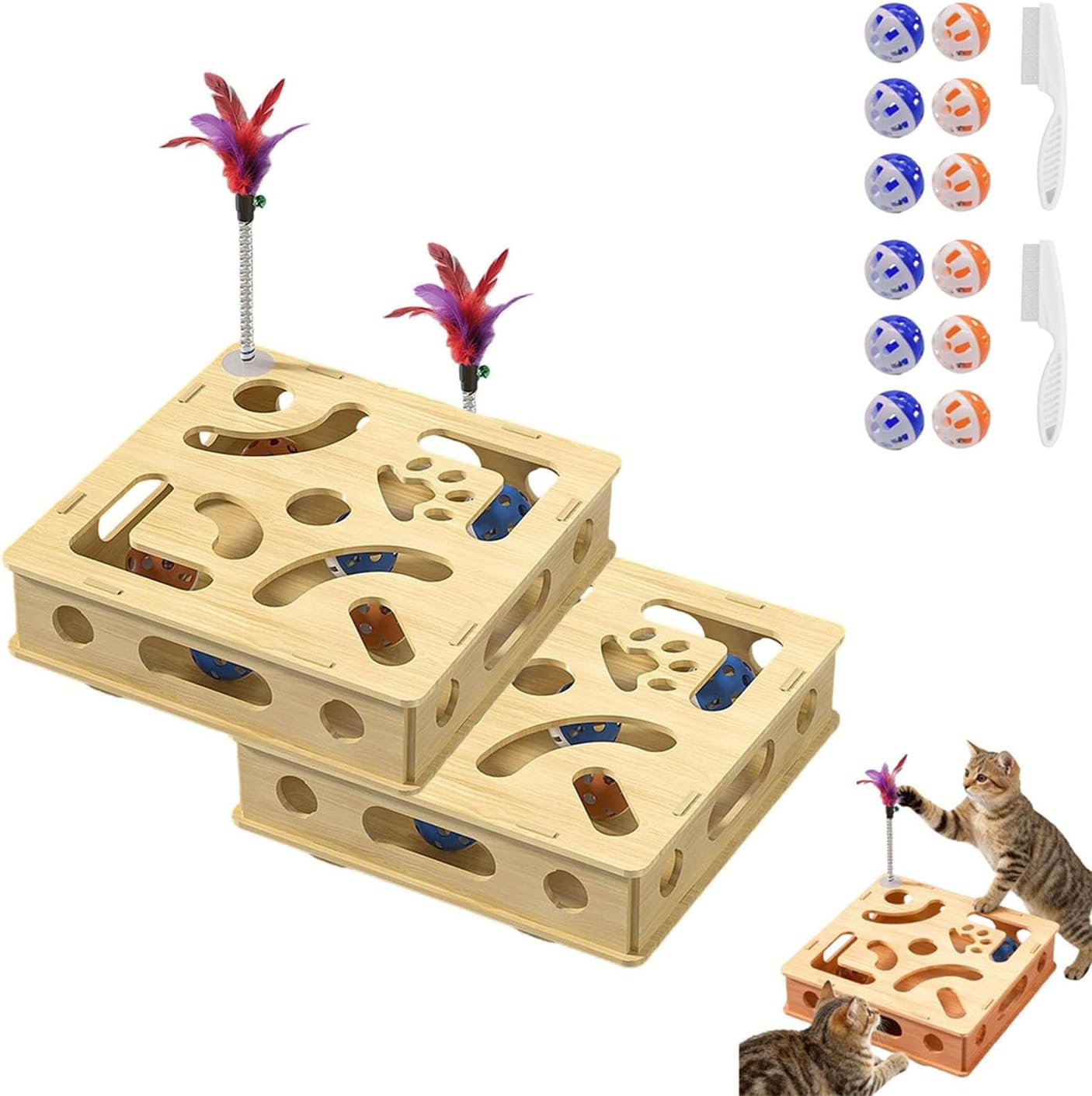 Cat Nail File Enrichment Box, Nail File Box for Cats, Cat Scratch Puzzle Enrichment Box, Nail File Stress Free Alternative to Clippers and Grinders, with 6 Bell Balls and Cats Funny Stick (2pcs)