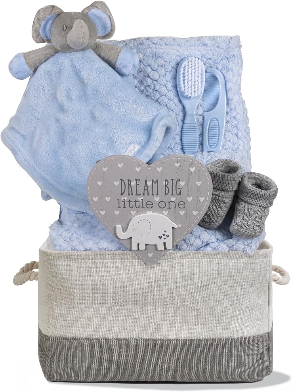 Hoolaroo Baby Gift Basket for Boys Blue Baby Gift Hamper Newborn Elephant Comforter Blanket Boy Special Unique Soft Cute