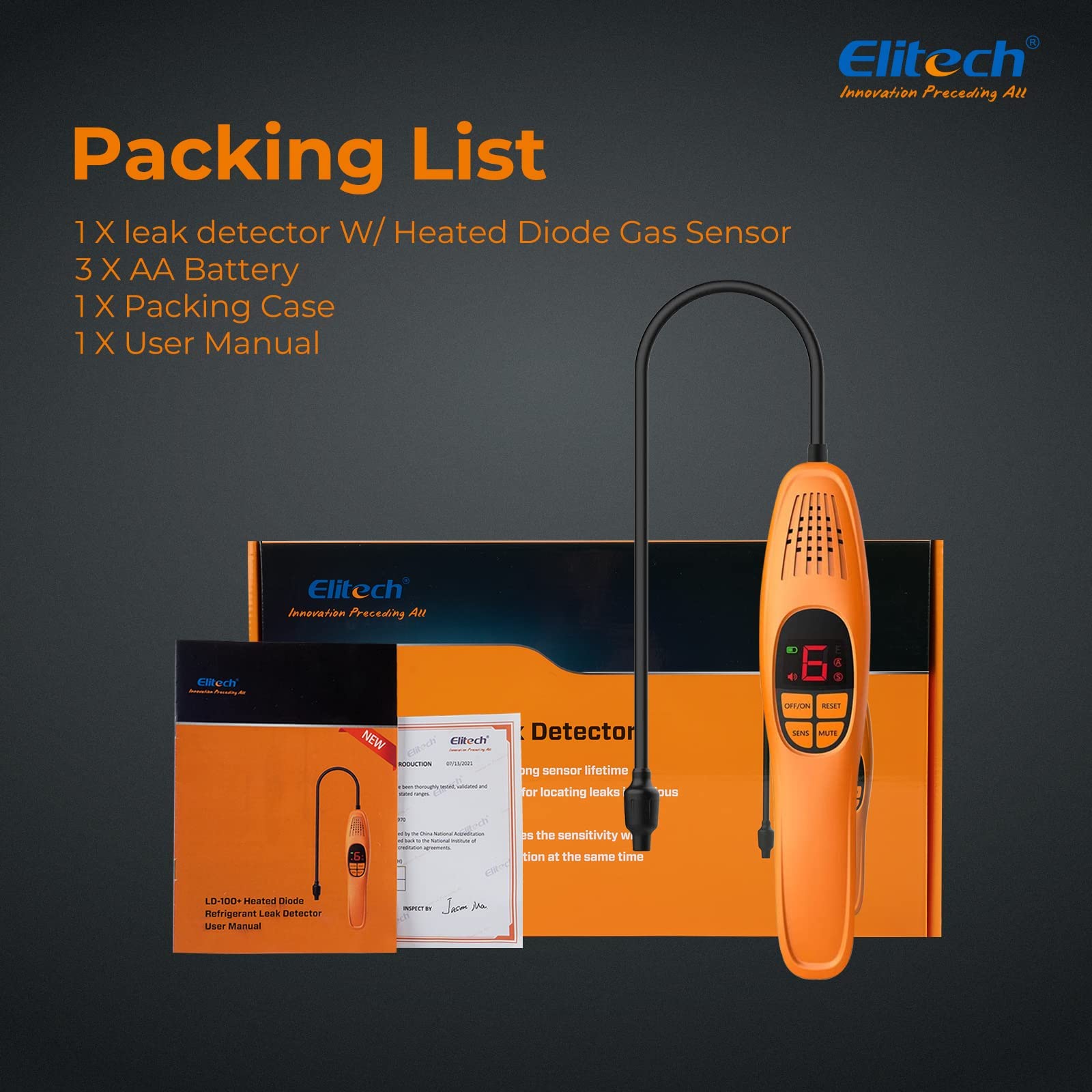 Elitech Détecteur de Fuite de Réfrigérant à Diode Chauffée pour Climatisation Compatible avec Réfrigération R32 R134A R410A CFC, HFC, HCFC, HC, HFO et Mixtes LD-100+