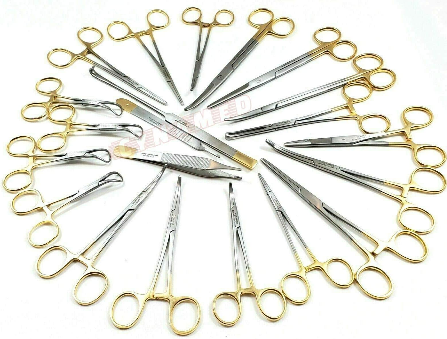 Cynamed-Gold Premium German 82 Pcs Veterinary Instruments Set -Include Kelly Forceps- Mosquito Forceps -Carmalt Forceps -Backhaus Towel Clamp- Mayo Metzenbaum Scissors- All in ONE