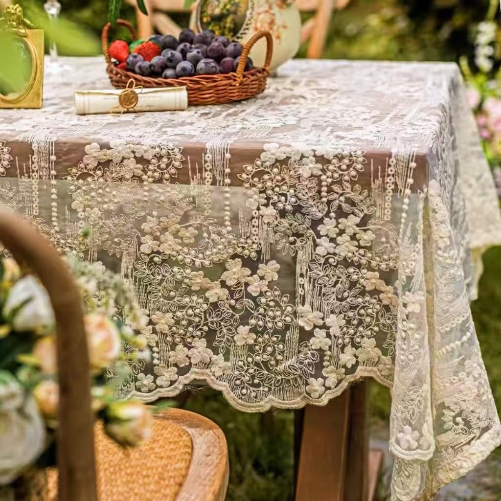 JE JOUE French Embroidery Lace Tablecloth - Rectangular for Coffee Tables, Vintage Beige Lace Table Cover for Kitchen, Dining Room, Party, Banquet, Wedding, Picnic, Home Decor（118 * 53in，Beige） image 4