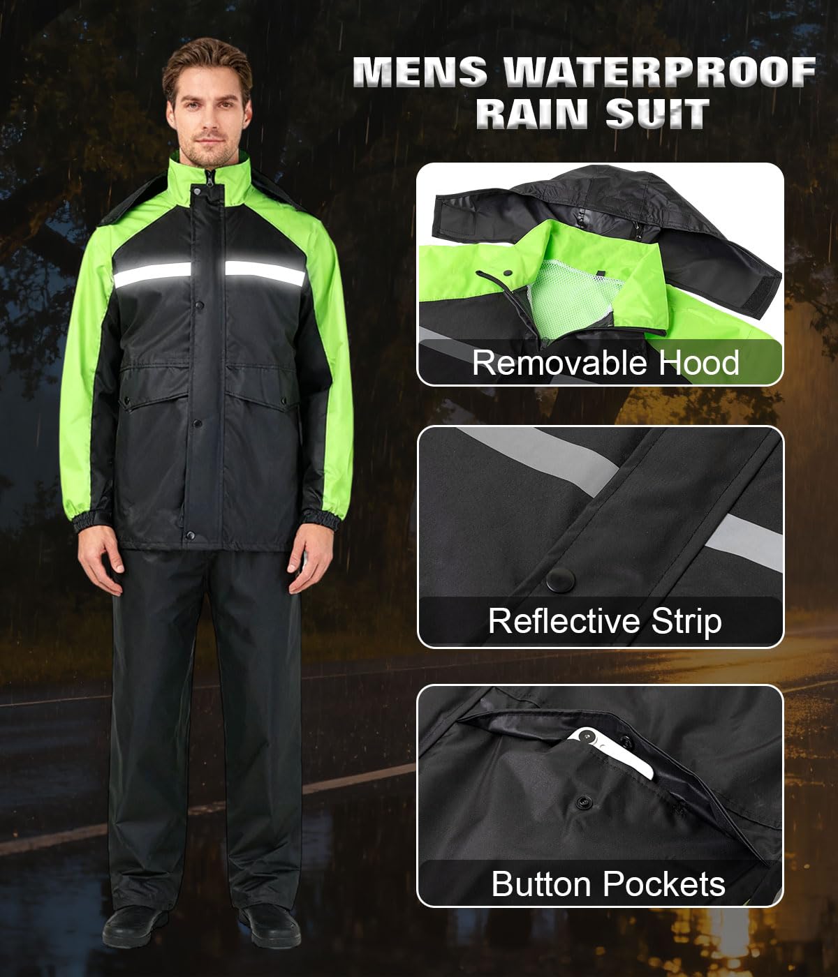 Traje de Lluvia Impermeable Hombre Chaqueta y Pantalones de Lluvia Impermeable Reflectante Ropa para La Lluvia con Capucha