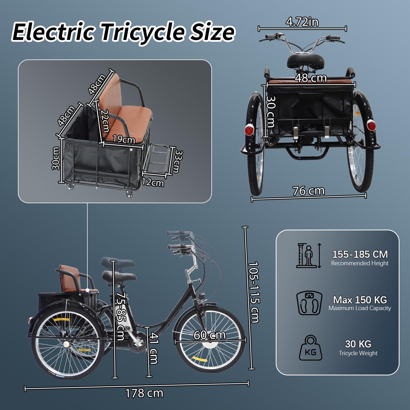 Triciclo elettrico per adulti, 24 pollici, con batteria al litio da 36 V 12 Ah e cestino multifunzione sul sedile posteriore, carico massimo 150 kg, pedalata assistita e motore elettrico. (white)
