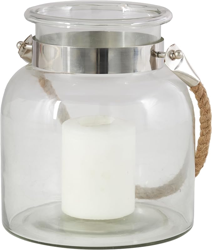 Deco 79 Glass Handmade Indoor Outdoor Candle Lantern Decorative Lantern Candle Holder with Rope Handle, Lantern 8" x 8" x 10", Clear