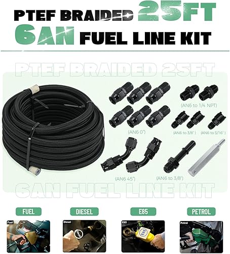Miniatura 2 de PQY 6AN 38" PTFE LS Swap EFI Kit de montaje de línea de combustible E85 manguera de combustible trenzada de nailon 25 pies negro