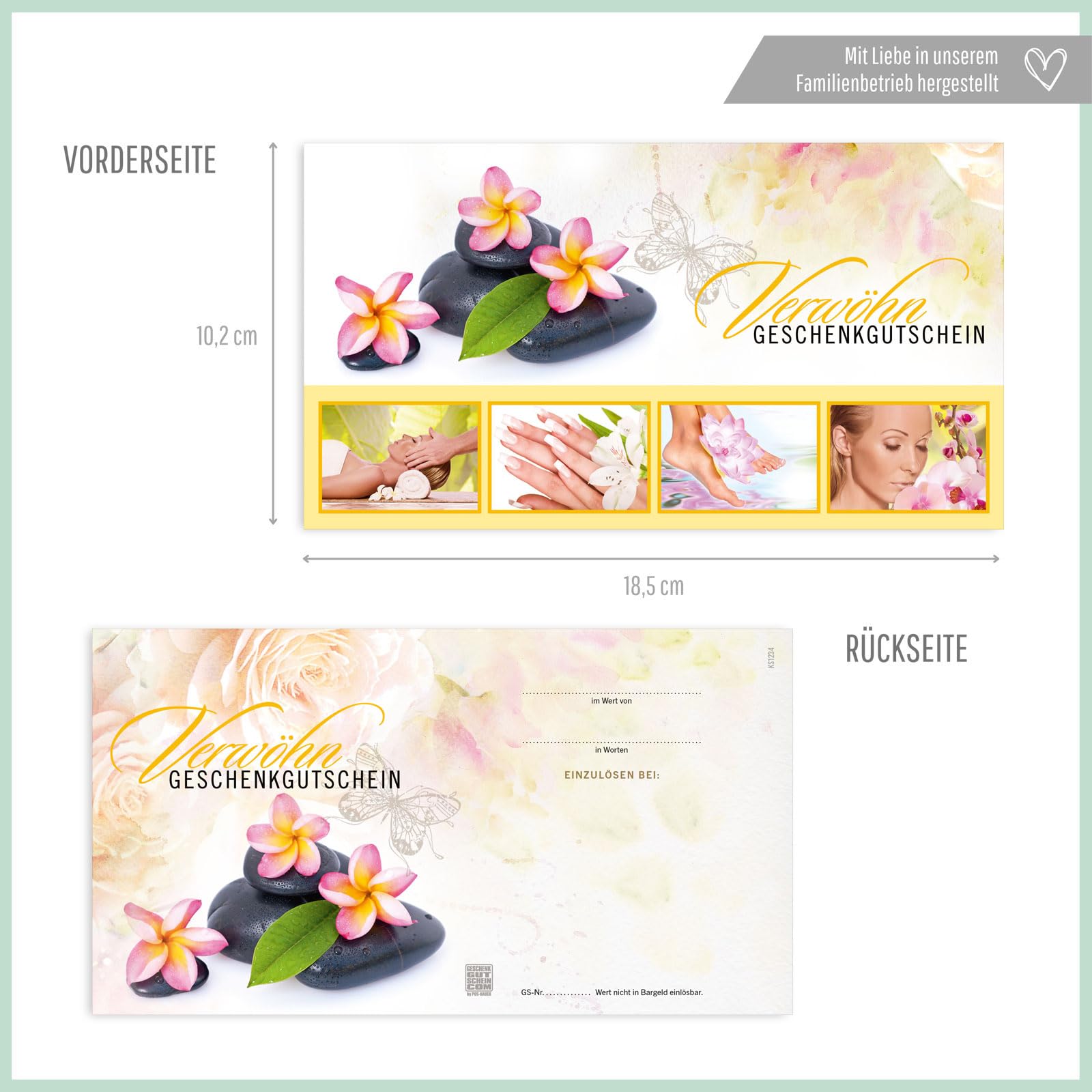 GESCHENKGUTSCHEINcom - 50 Gutscheine mit Umschlag/Schleife für Kosmetikinstitut Kosmetik Wellness - Geschenkgutschein-Vordruck blanko KS1234-2-50