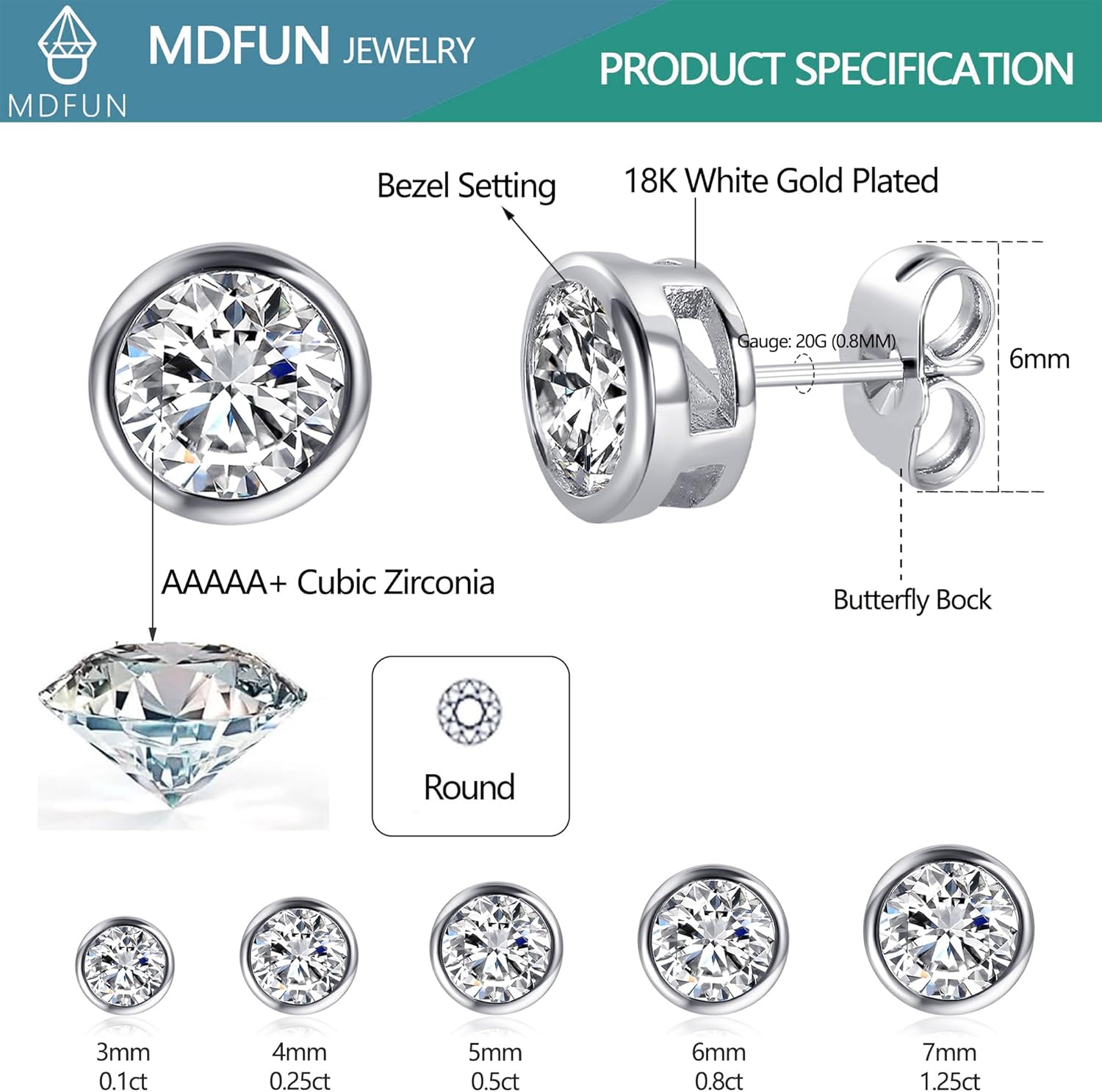MDFUN 5 Pairs Stud Earrings Sets 3-7MM 18K Gold Plated Round/Cushion/Asscher/Emerald Cut Cubic Zirconia Earring Hypoallergenic Stud Earrings for Women Men - Image 5