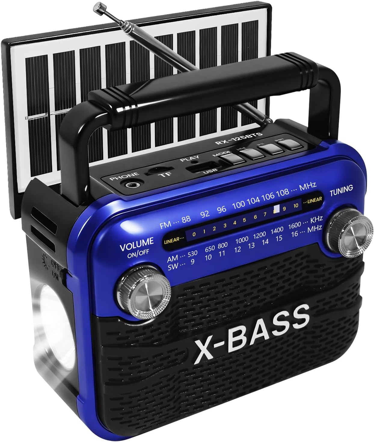 3-Band AM/FM/SW Portable Radio with Bluetooth 5.0, USB/TF Player, X-Bass, Built-in Rechargeable Lithium Battery, Charging Port, Emergency Flashlight, Suitable for Home/Outdoor/Travel