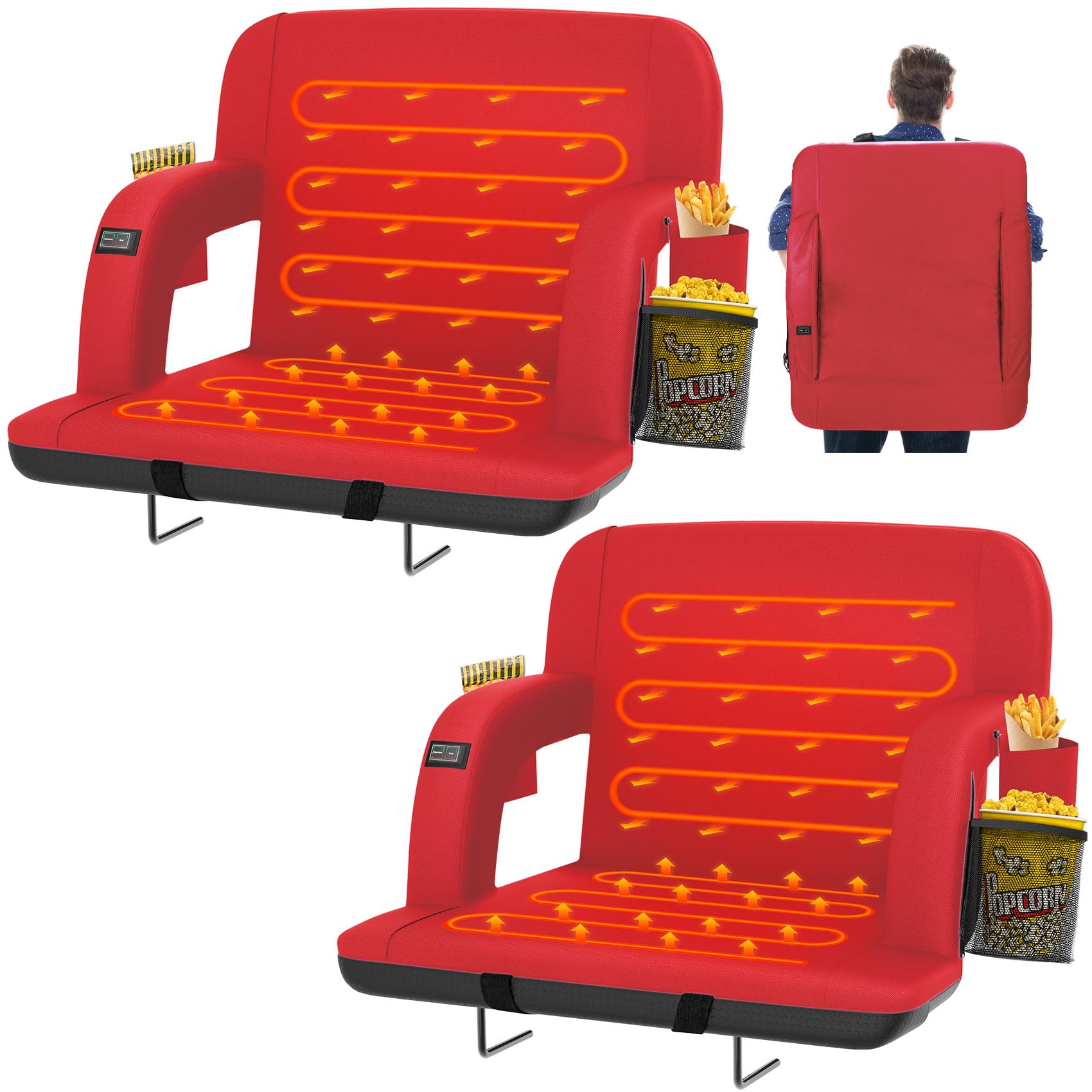 HOPERAN Double Heated Stadium Seats For Bleachers With Back Support And 25" Wide Cushion, Extra Portable Bleacher Seat Foldable Stadium Chair, USB 3 Levels Of Heat, 5 Pockets, For Outdoor Games Sports - View #9