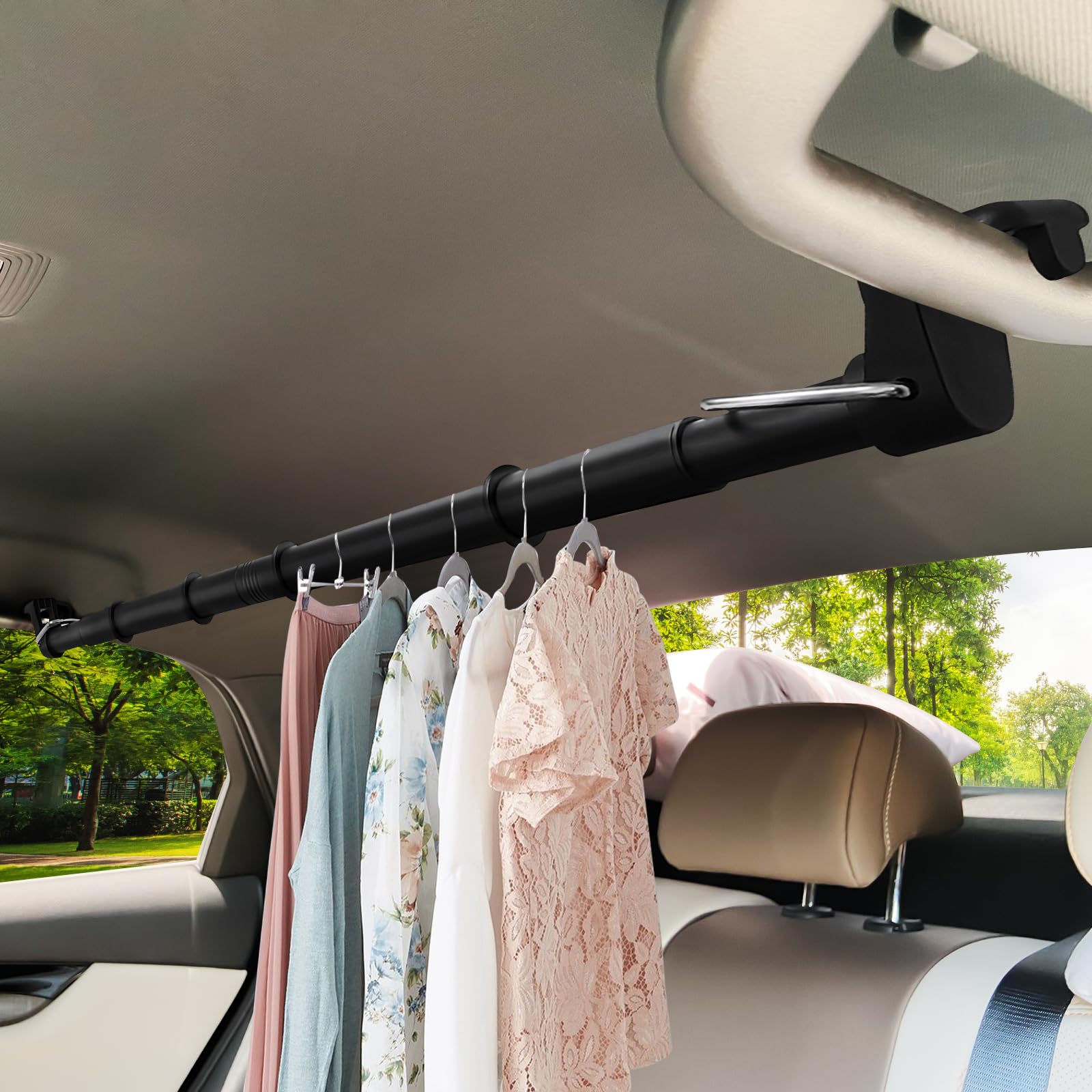 Beinhome Appendiabiti da auto ultraresistente - Lunghezza regolabile 76-160 cm, asta per indumenti da viaggio per una conservazione senza grinze