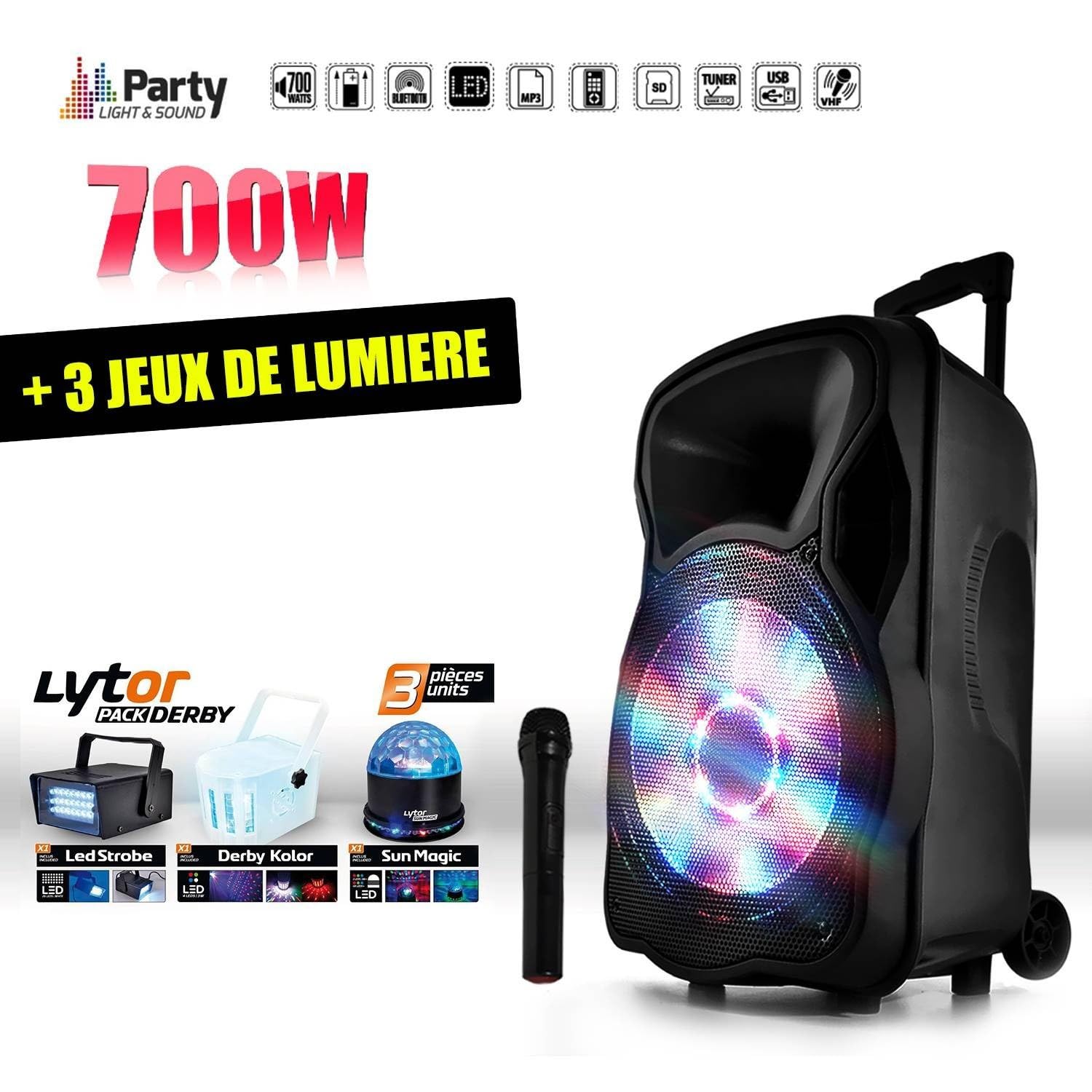 Sono Portable Party 12Led amplifiée 700W 12" LED/USB/BT/SD/FM + Micro + 3 Jeux de lumière LytOr